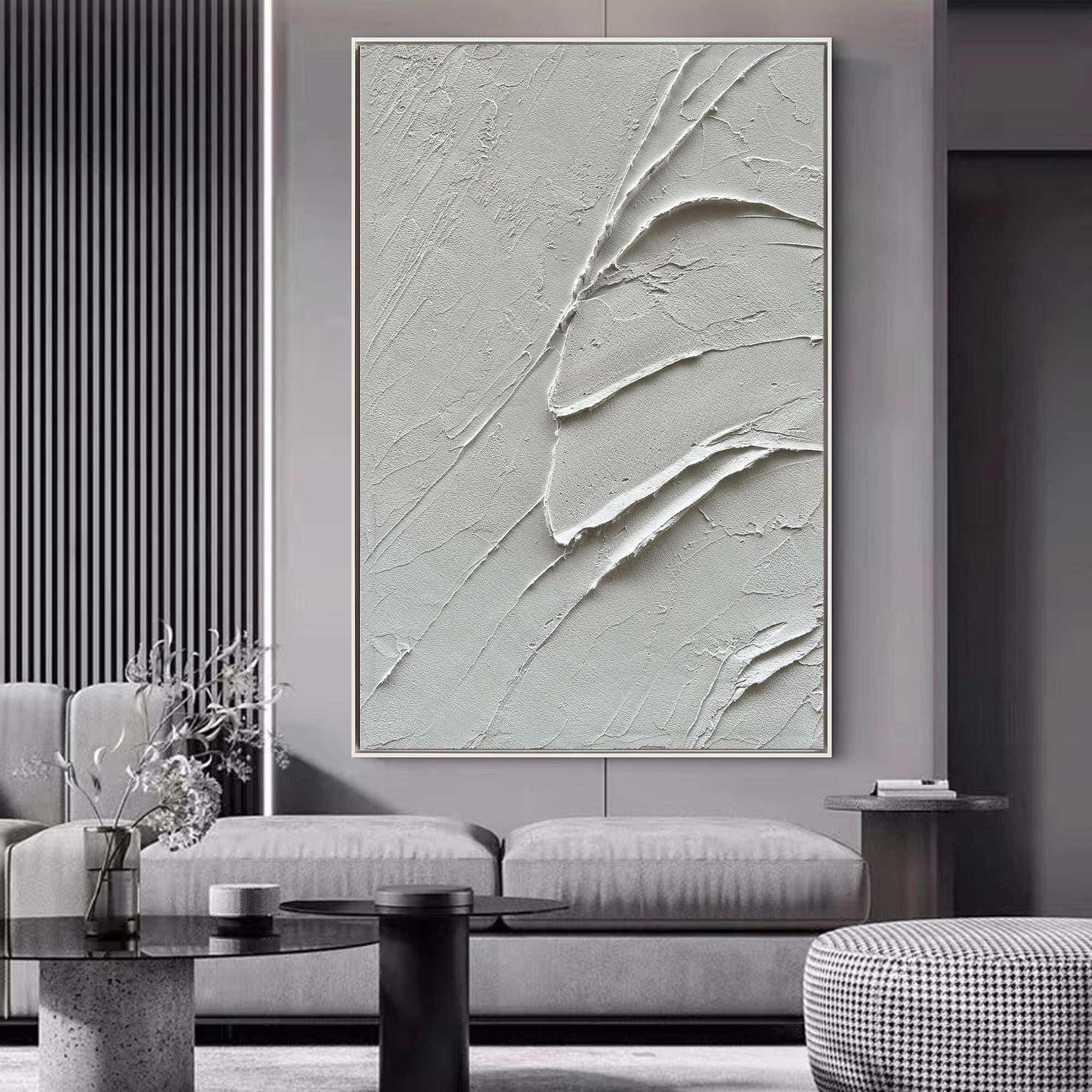 Fractured Calm – Modern White Abstract Relief Minimalist Painting | Modern Minimalist Bedroom & Home Office Art