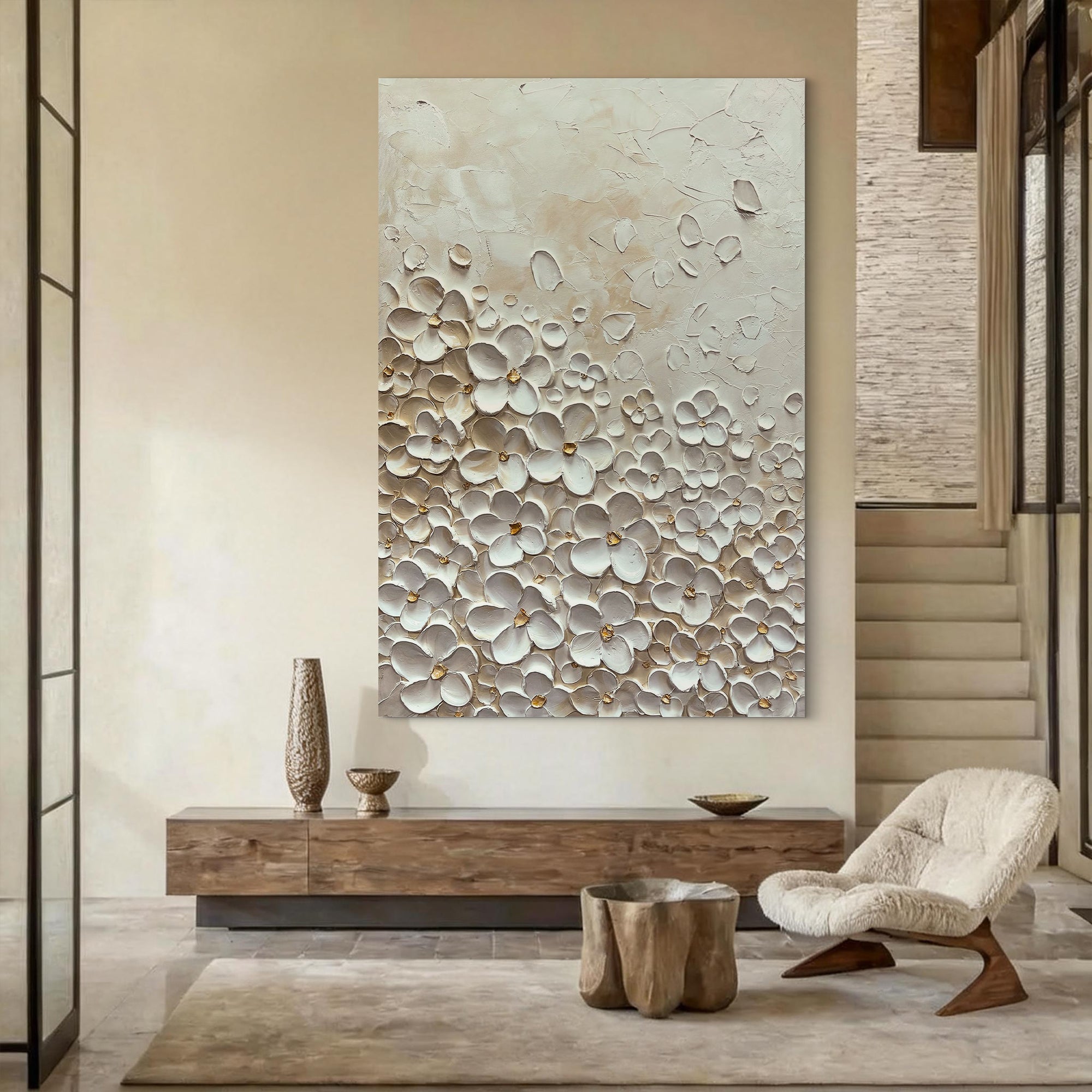 VANILLA BLOOM: 3D Heavy Texture White Flower Wall Art, Cream & Gold Relief Petal Painting