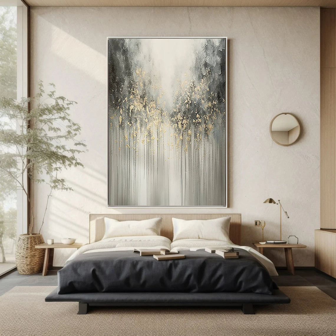 GOLDEN RAIN: Modern Vertical 3D Heavy Texture Wall Art, Abstract Grey & Gold Drip Relief