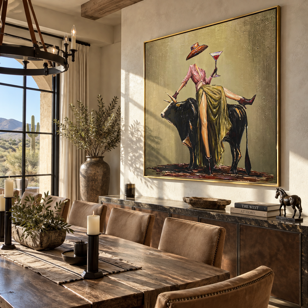 Brim Above the Bull – Olive Western Woman and Black Bull Painting | Vintage Americana Square Wall Art
