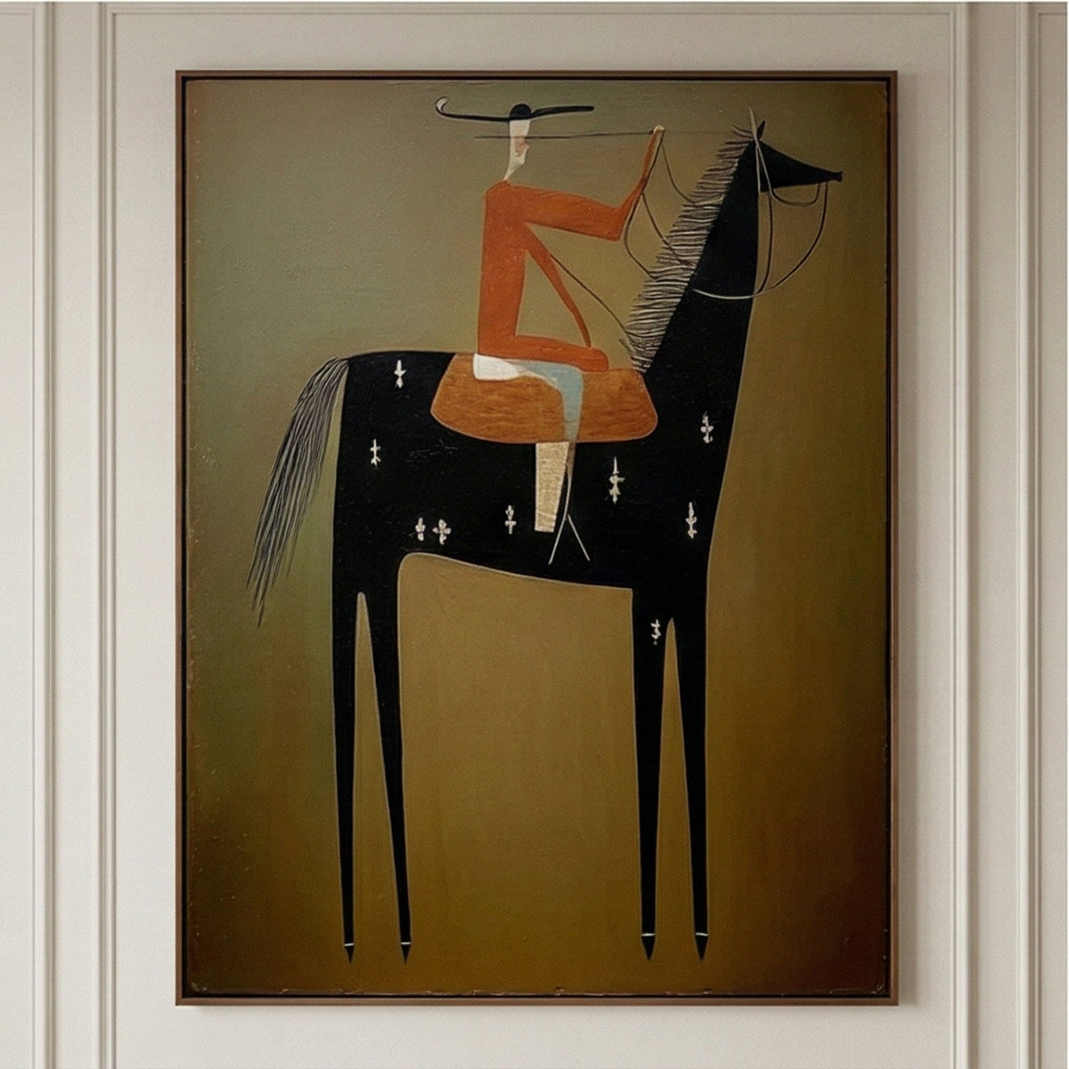 Orange Saddle on Midnight – Modern Western Black Horse Rider Painting | Olive Vertical Wall Art