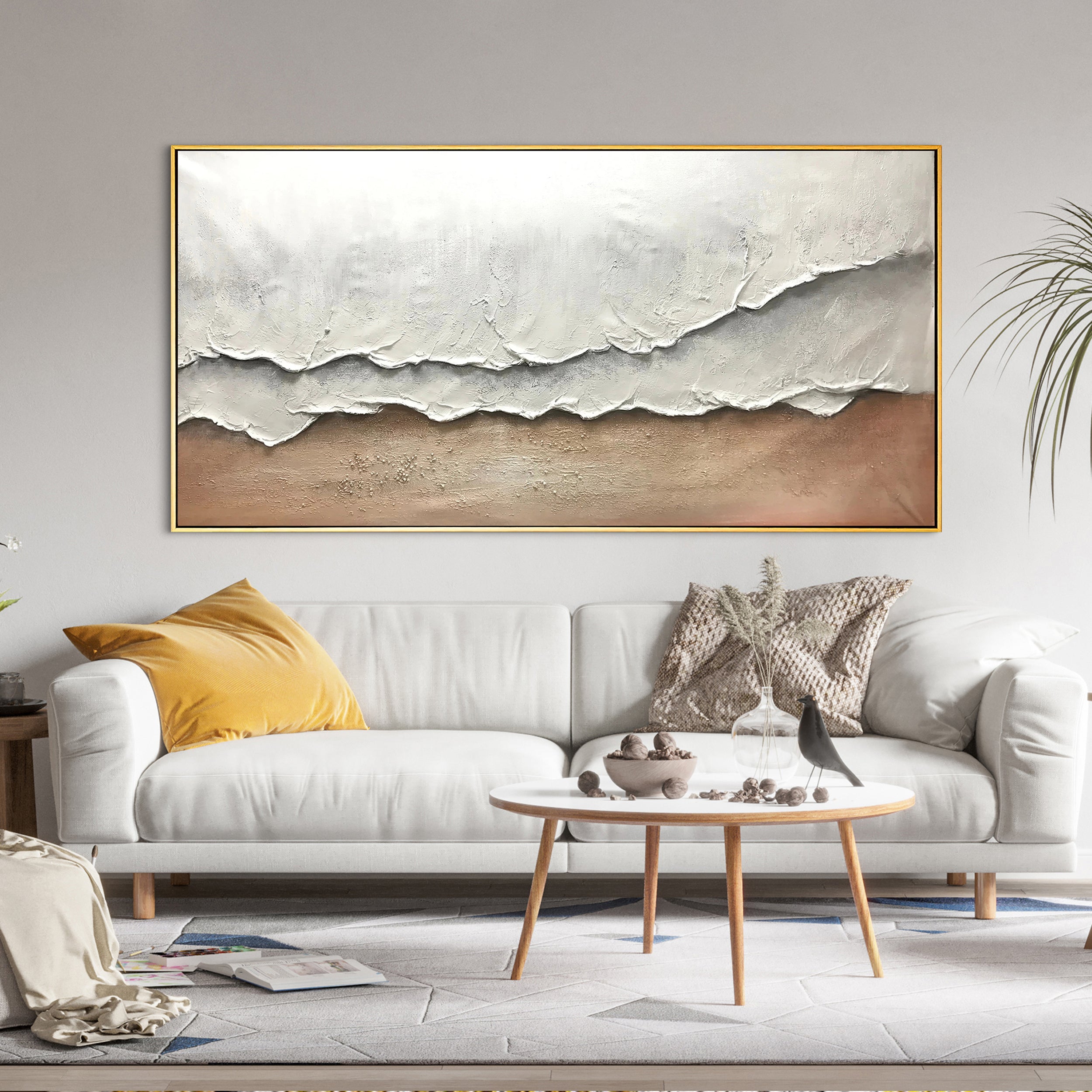 Whispering Sands – Modern Minimalist Creamy Ocean Wave Painting | Wabi-Sabi Textured Living Room Art