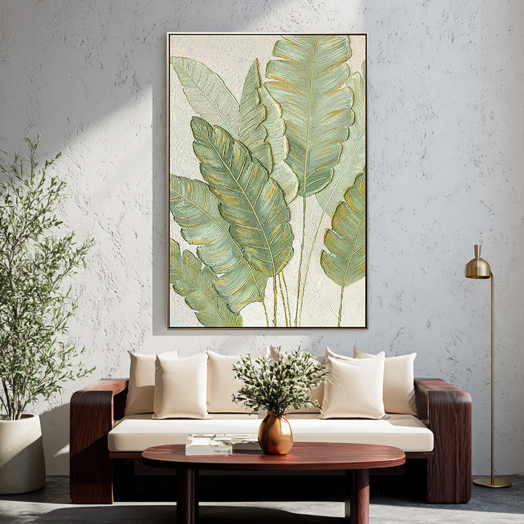 Emerald Whisper – Left-Facing Botanical Relief with Gold Edges Texture Painting | Modern Luxury Botanical Bedroom & Living Room Art