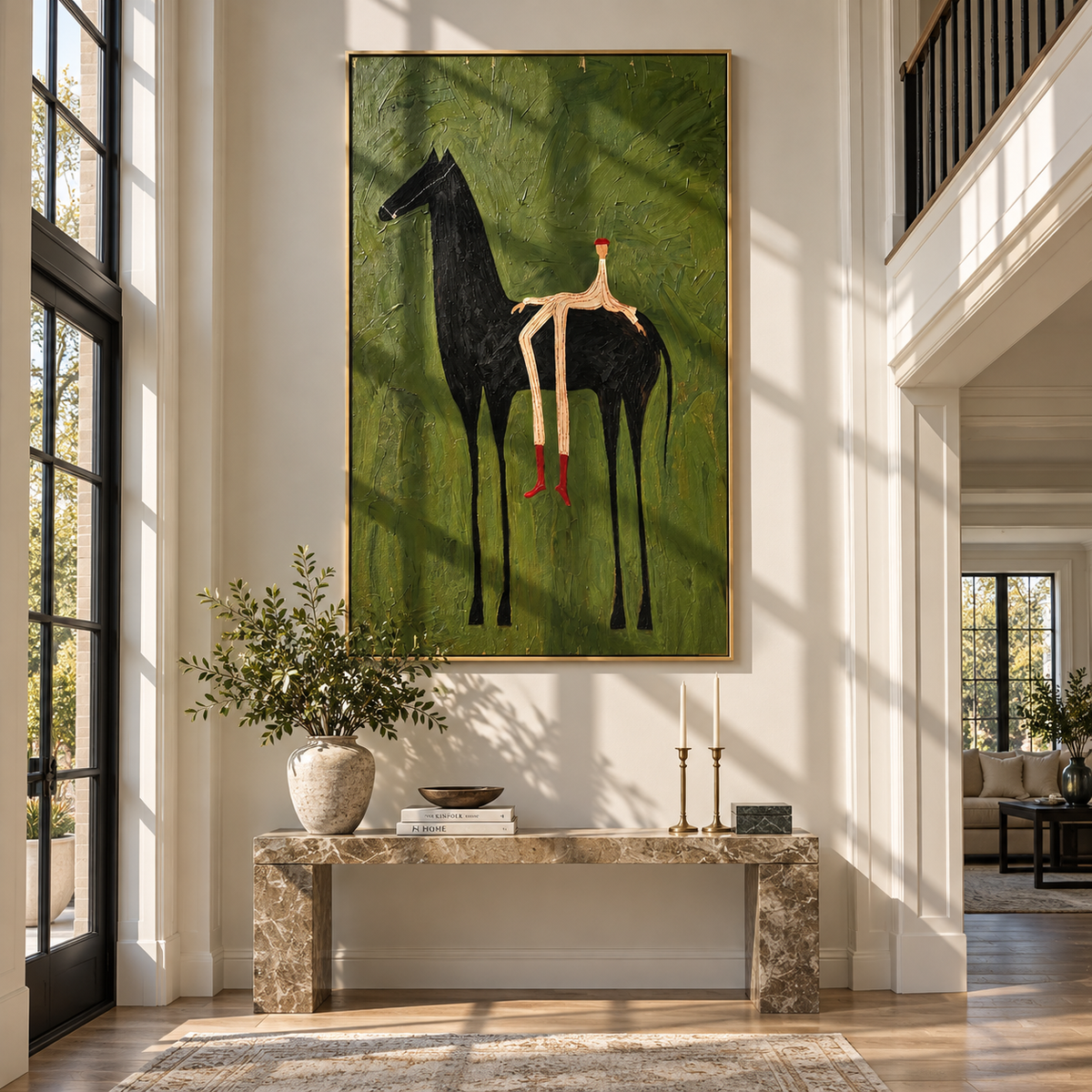 The Solitary Dreamer – Surrealistic Black Horse & Red Boots Painting | Modern Minimalist Living Room Art