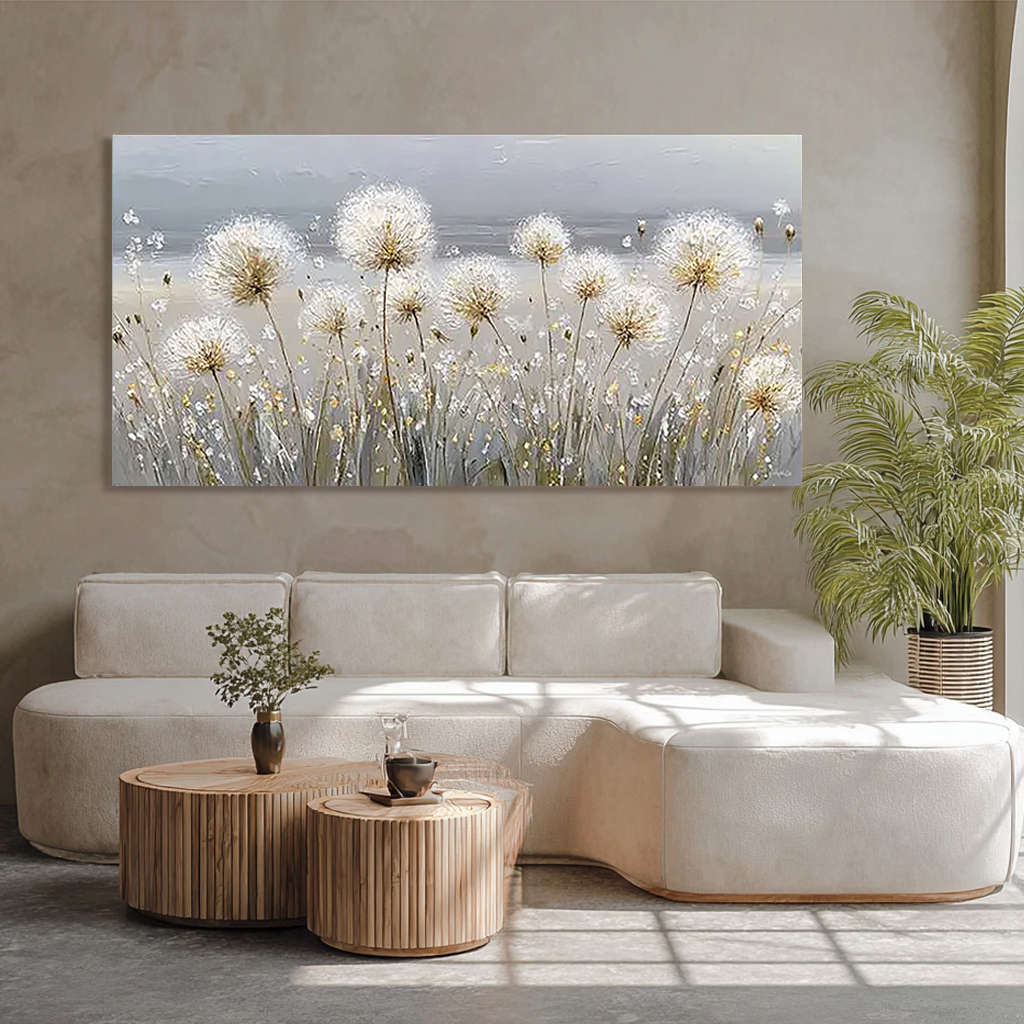 Wishful Fields – Hand-Painted White Dandelion Impressionist Floral Painting | Contemporary Botanical Bedroom & Living Room Art