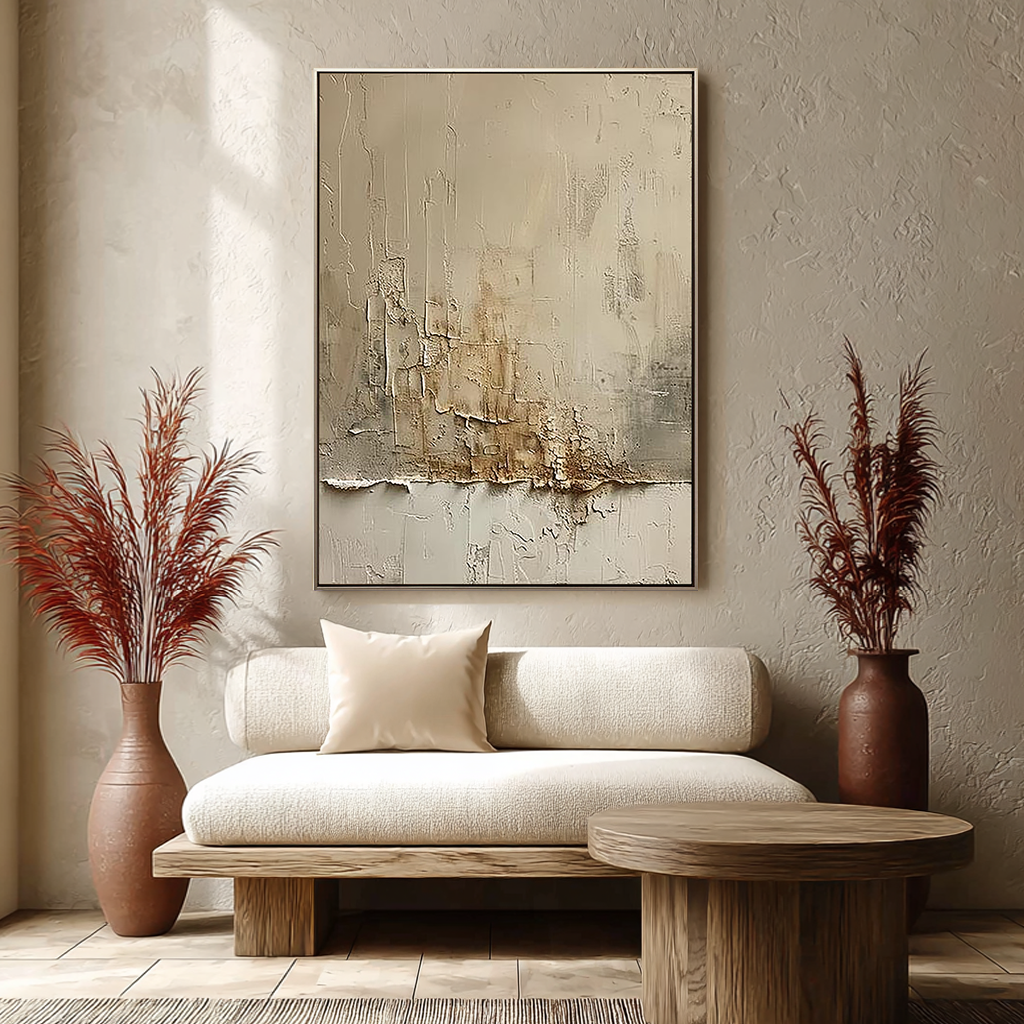 ARCTIC STRATA: Texture Wall Art, Hand-Painted Off-White and Metallic Gold Plaster Relief Heavy Texture Canvas Painting