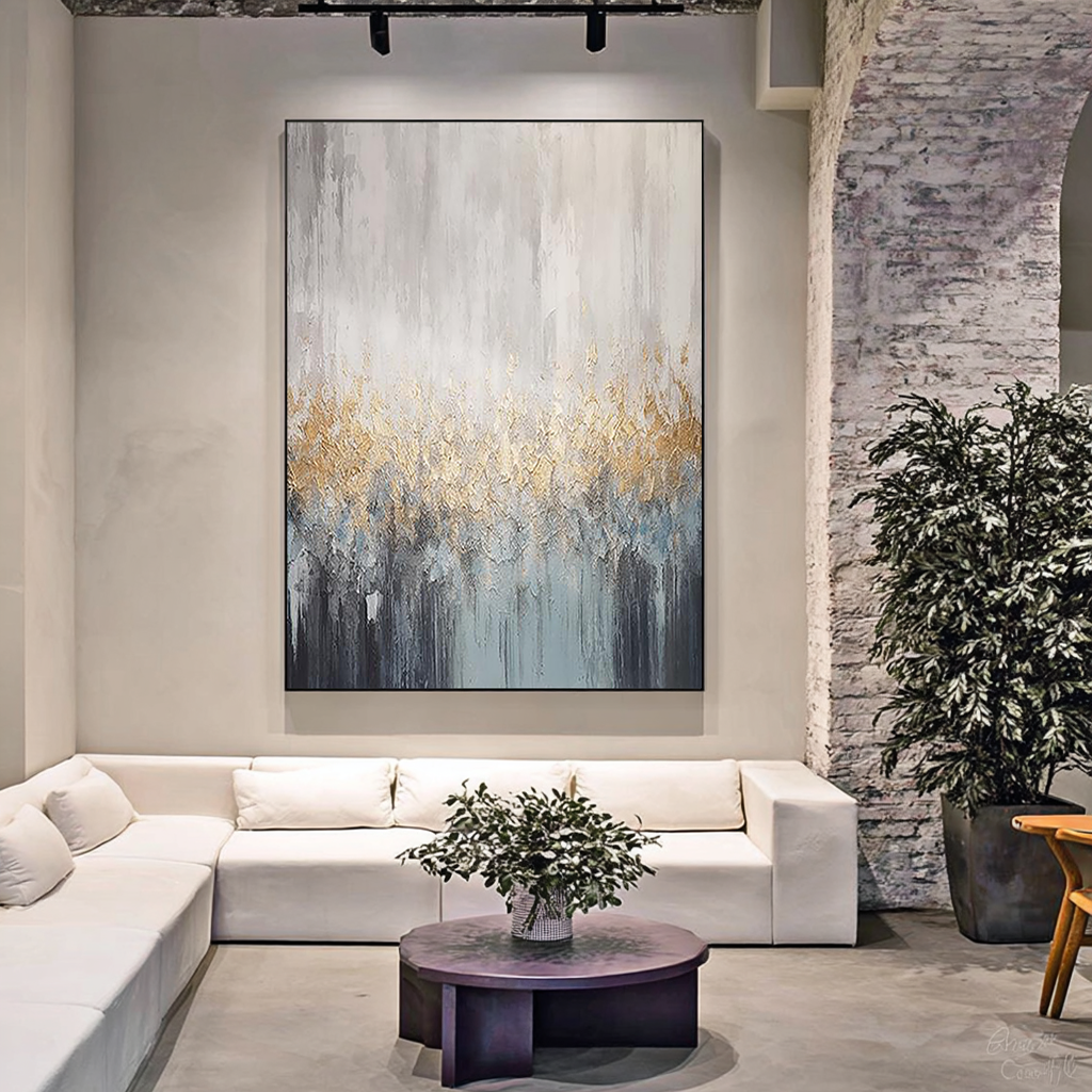 Golden Mist – Hand-Painted Grey and Gold Foil Abstract Plaster Effect Wabi-Sabi Painting | Japandi Wabi-Sabi Living Room & Bedroom Art