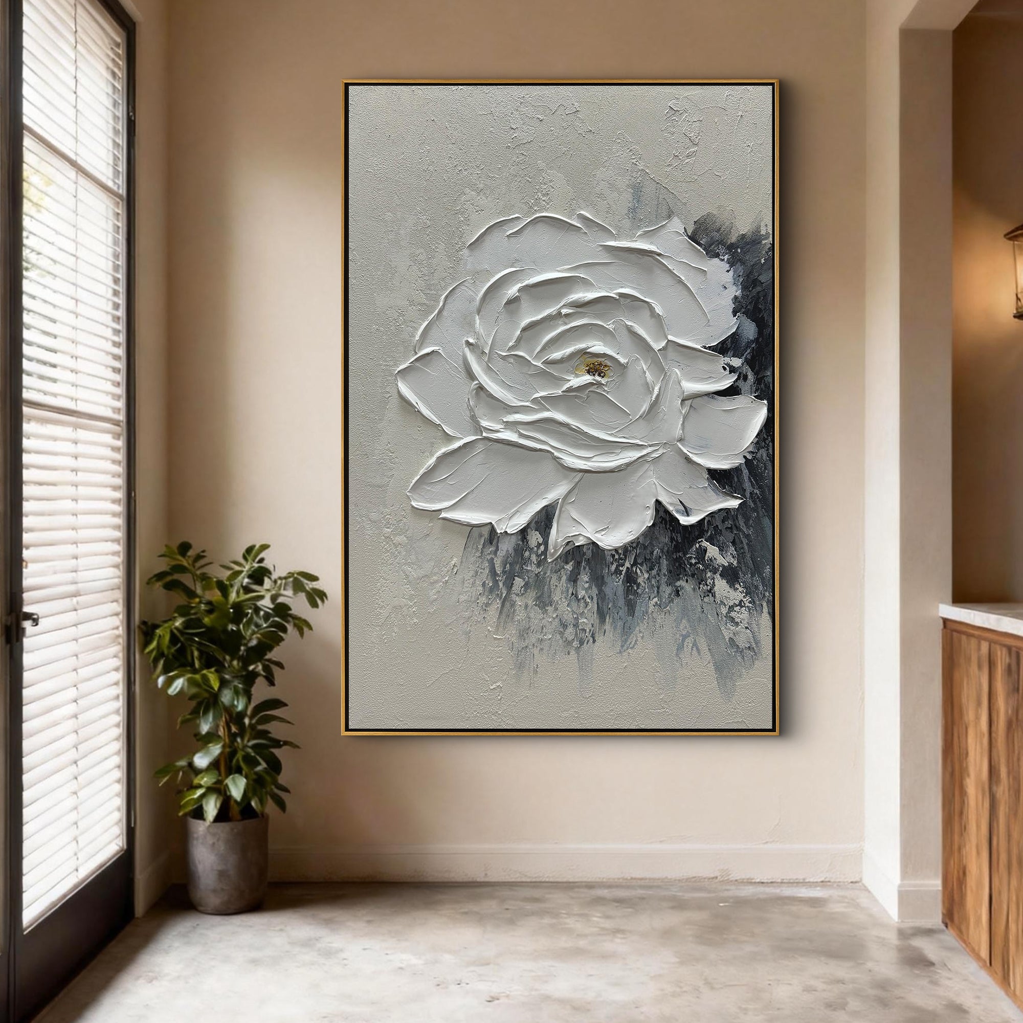 VANILLA SCULPT: 3D Heavy Texture White Rose Wall Art, Modern Plaster Relief Floral Painting
