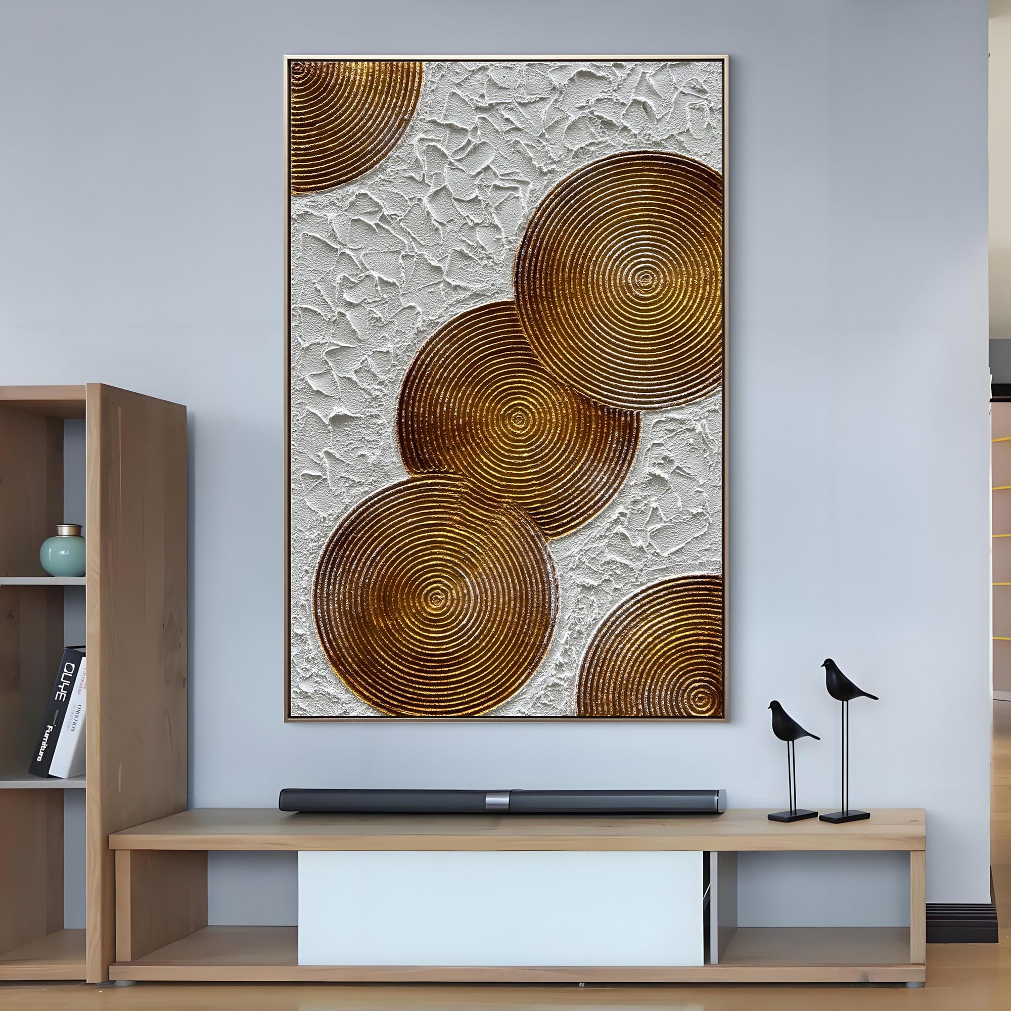 Amber Spheres – Modern Bronze Circle Relief Texture Painting | Contemporary Plaster Texture Living Room & Office Art