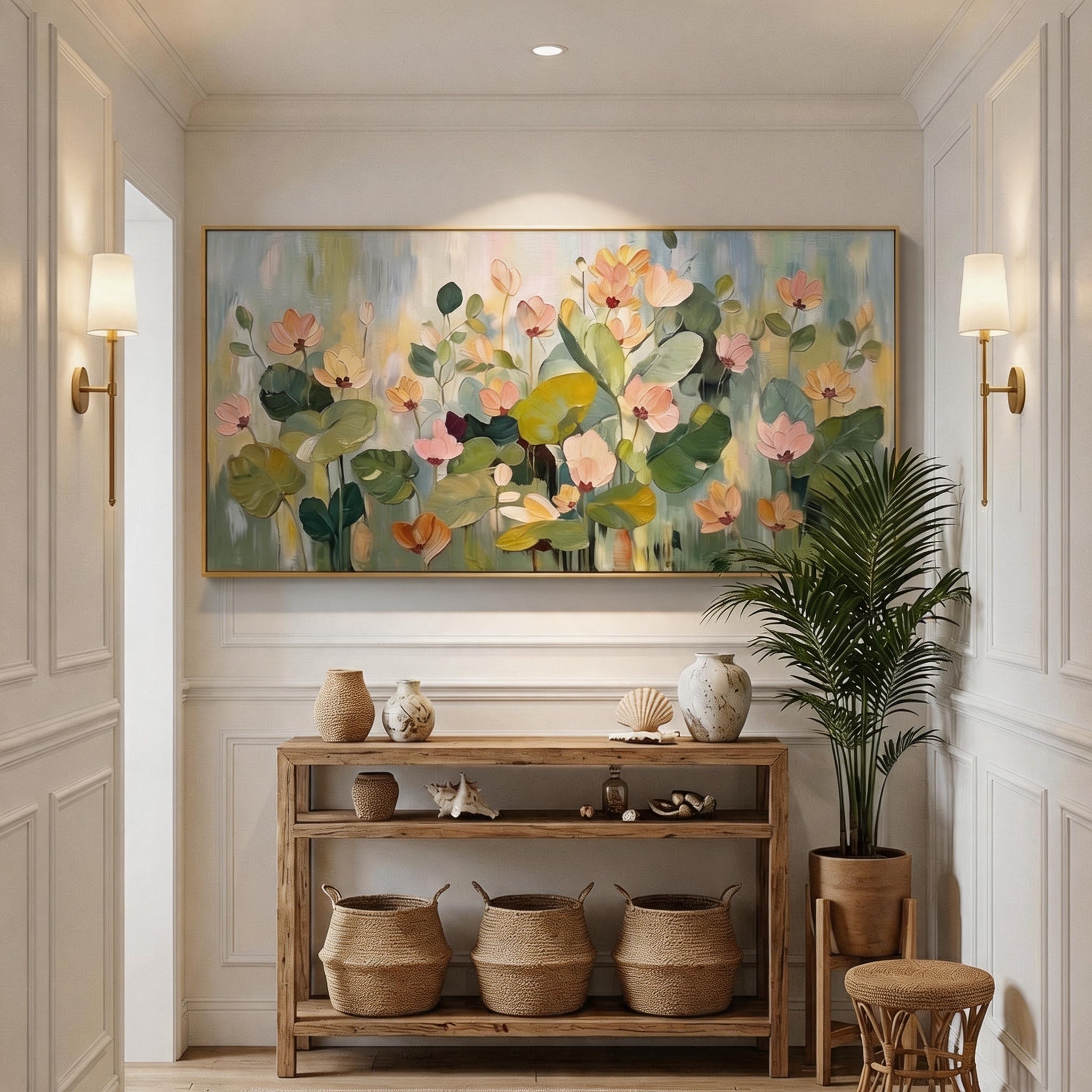 Endless Bloom – Modern Hand-Painted Horizontal Floral Oil Painting | Minimalist Living Room Wall Decor