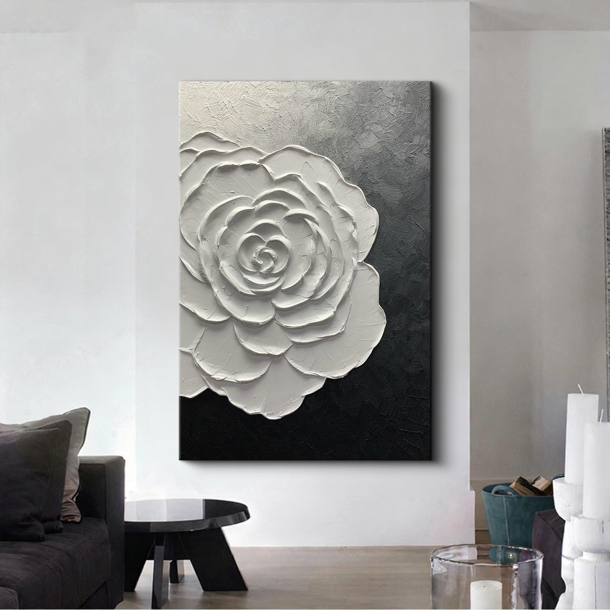 Dawn Blossom – Modern Minimalist Black-and-White Textured Painting |  White Rose Living Room Art