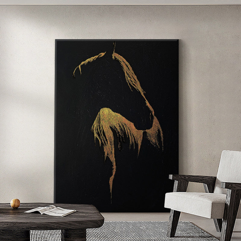 Golden Silhouette – Luxury Black and Gold Horse Painting | Minimalist Textured Animal Living Room Art