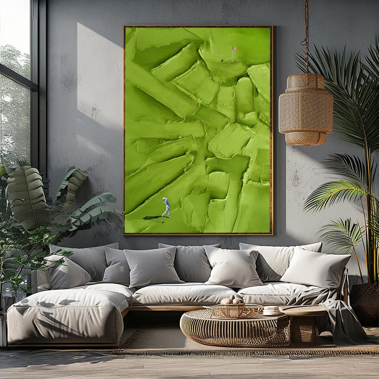 Creamy Green – Hand-Painted Olive Green 3D Heavy Texture Golf Course Athletes Sport Painting | Contemporary Sport Home Office & Living Room Art