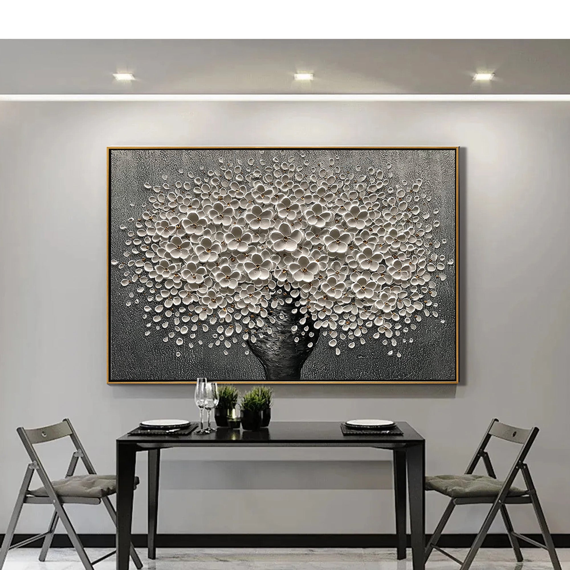 Stellar Abundance – Modern Heavy Impasto Floral Vase Painting | Luxury Horizontal Living Room Art