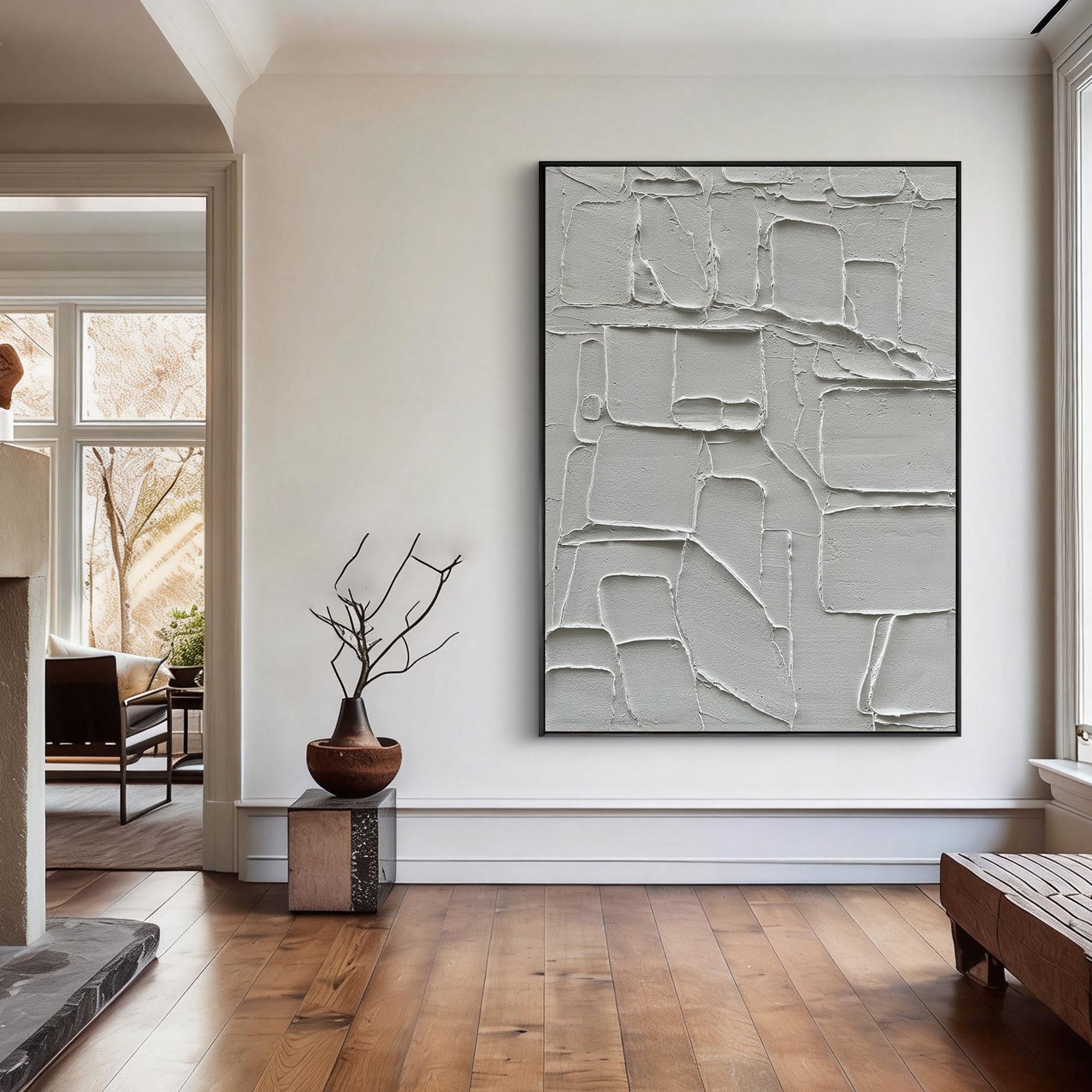 Urban Grid – Modern Geometric Relief Minimalist Painting | Modern Minimalist Bedroom & Home Office Art