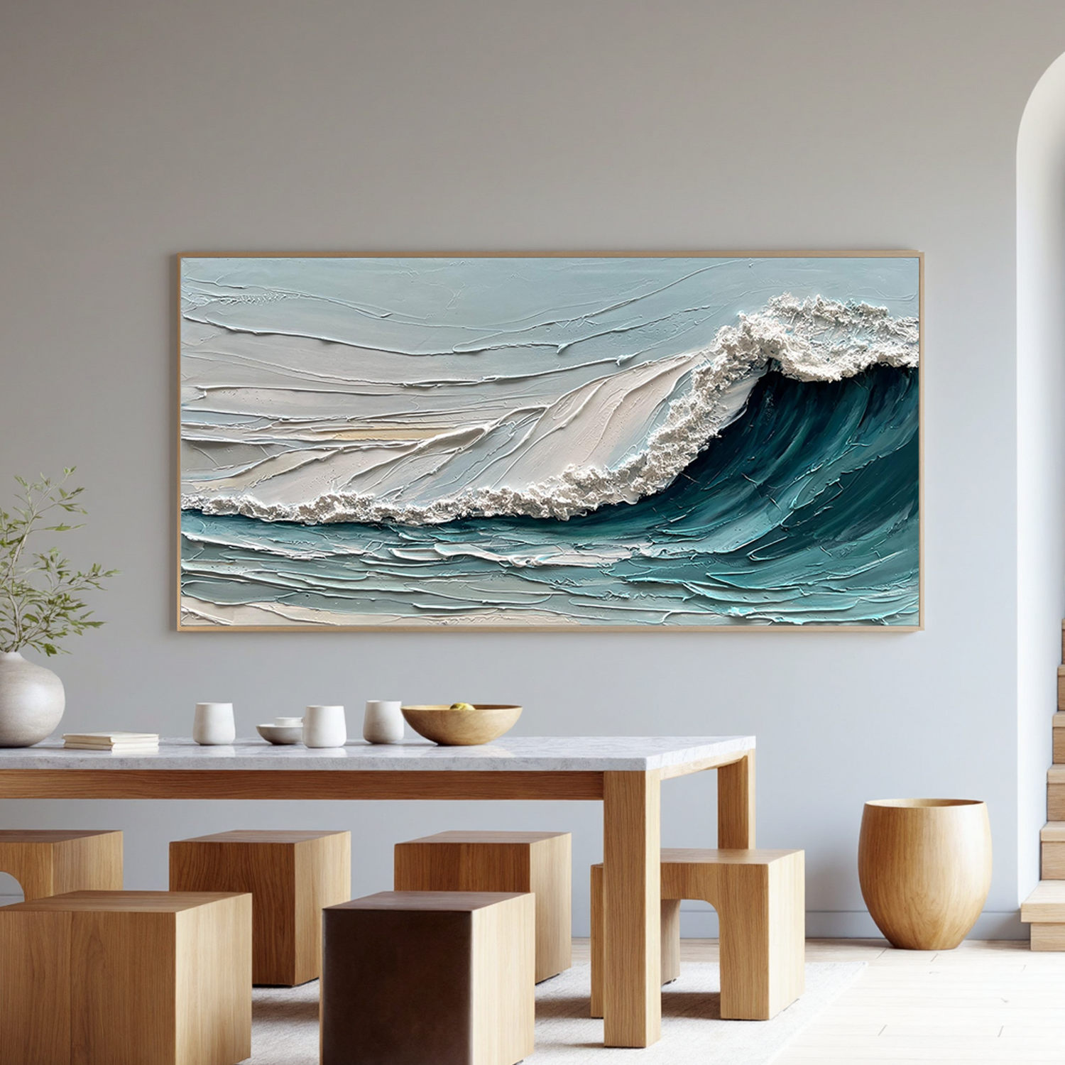 Azure Crest – Modern Plaster Ocean Relief Texture Painting | Coastal Modern Living Room & Bedroom Art