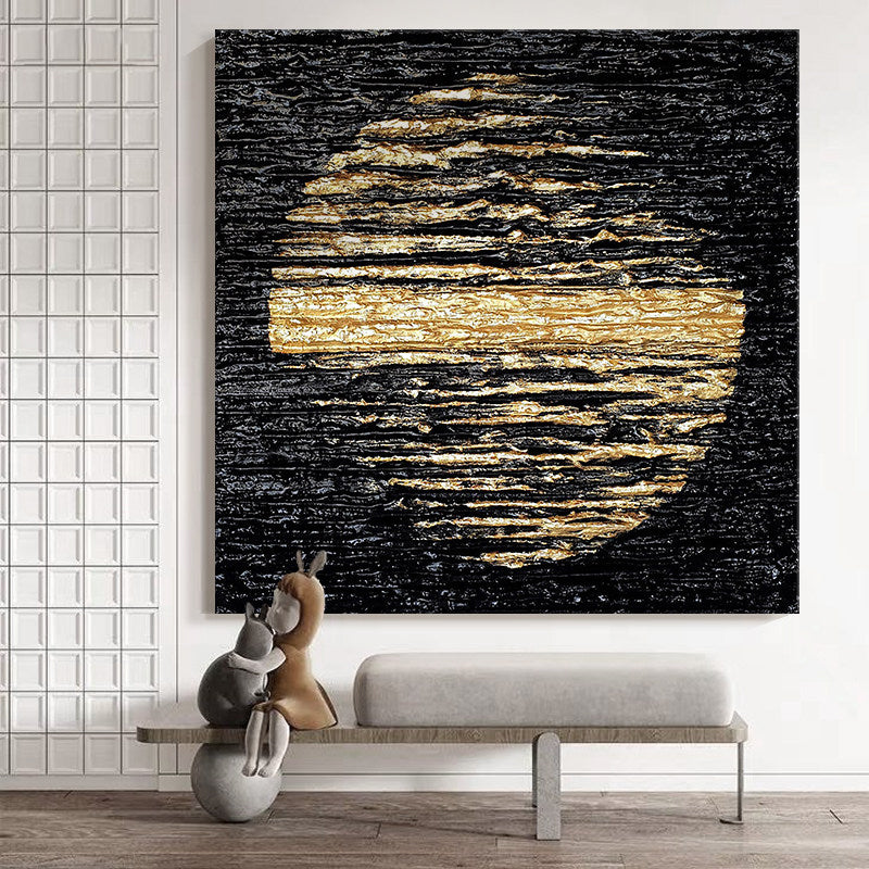 Lunar Glow – Modern Black and Gold Textured Painting | Abstract Luxury Dining Room Art
