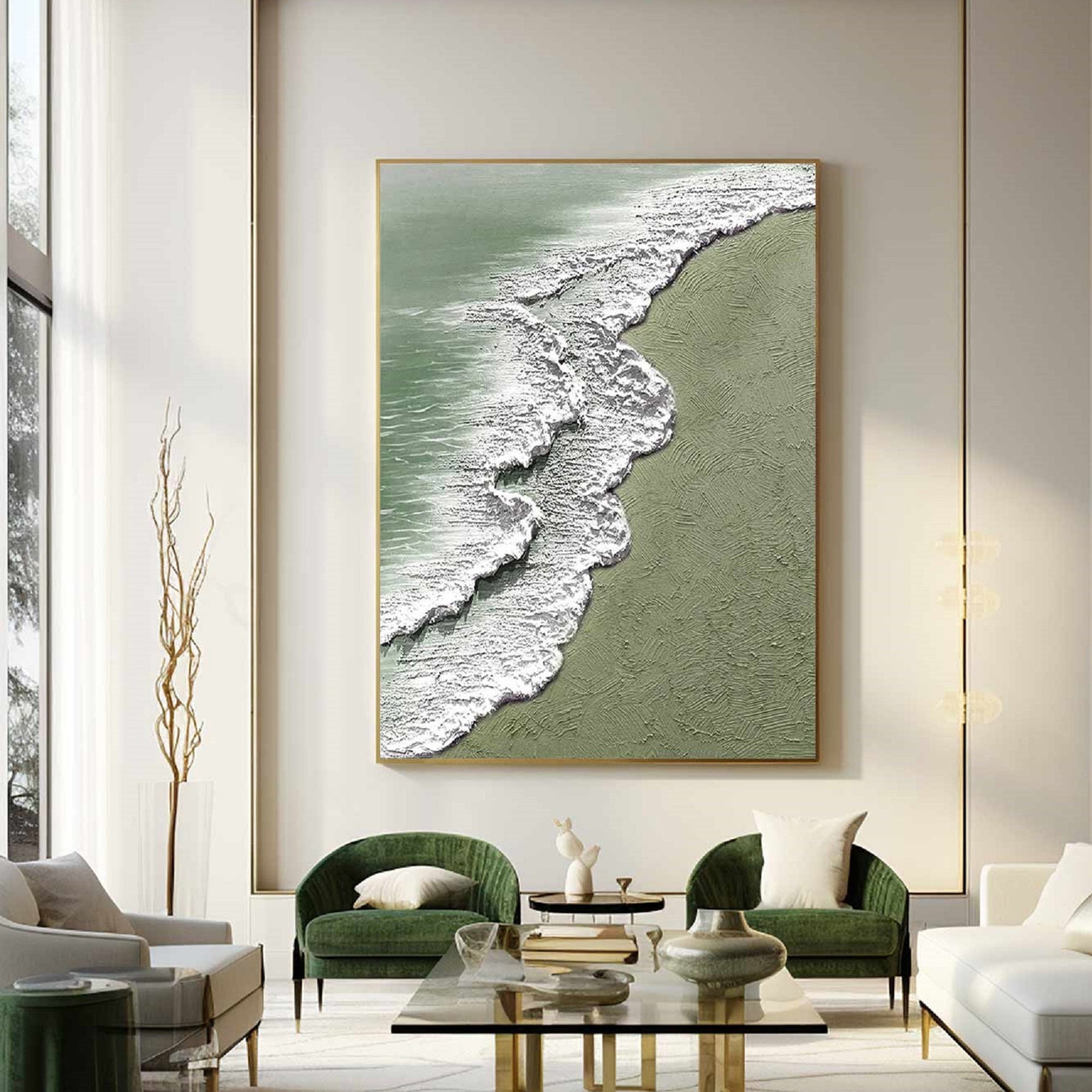 The Silent Shore – Modern Textured Painting | Creative Wabi-Sabi Sage Green Ocean Wave Hallway Art