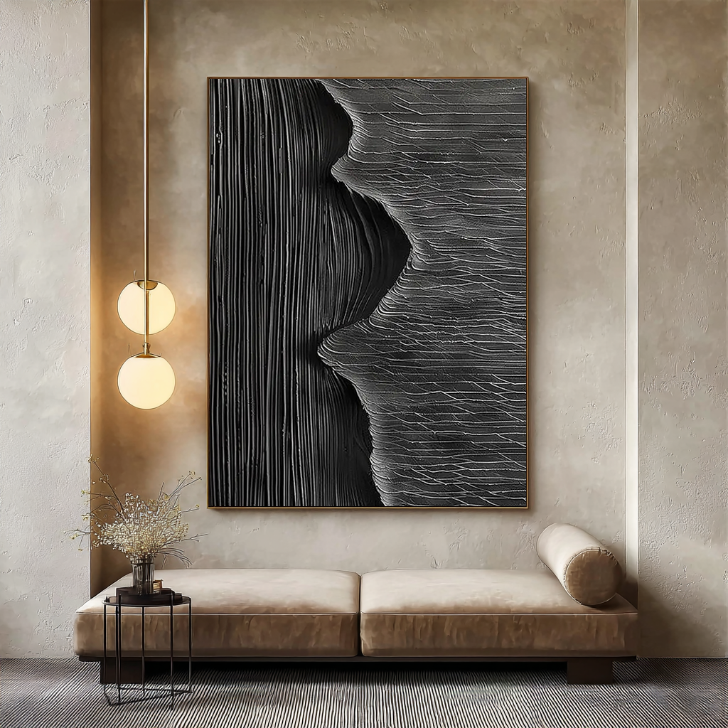 Dark Pulse – Hand-Painted All-Black High-Density Linear Plaster Relief Texture Painting | Modern Industrial Plaster Home Office & Living Room Art