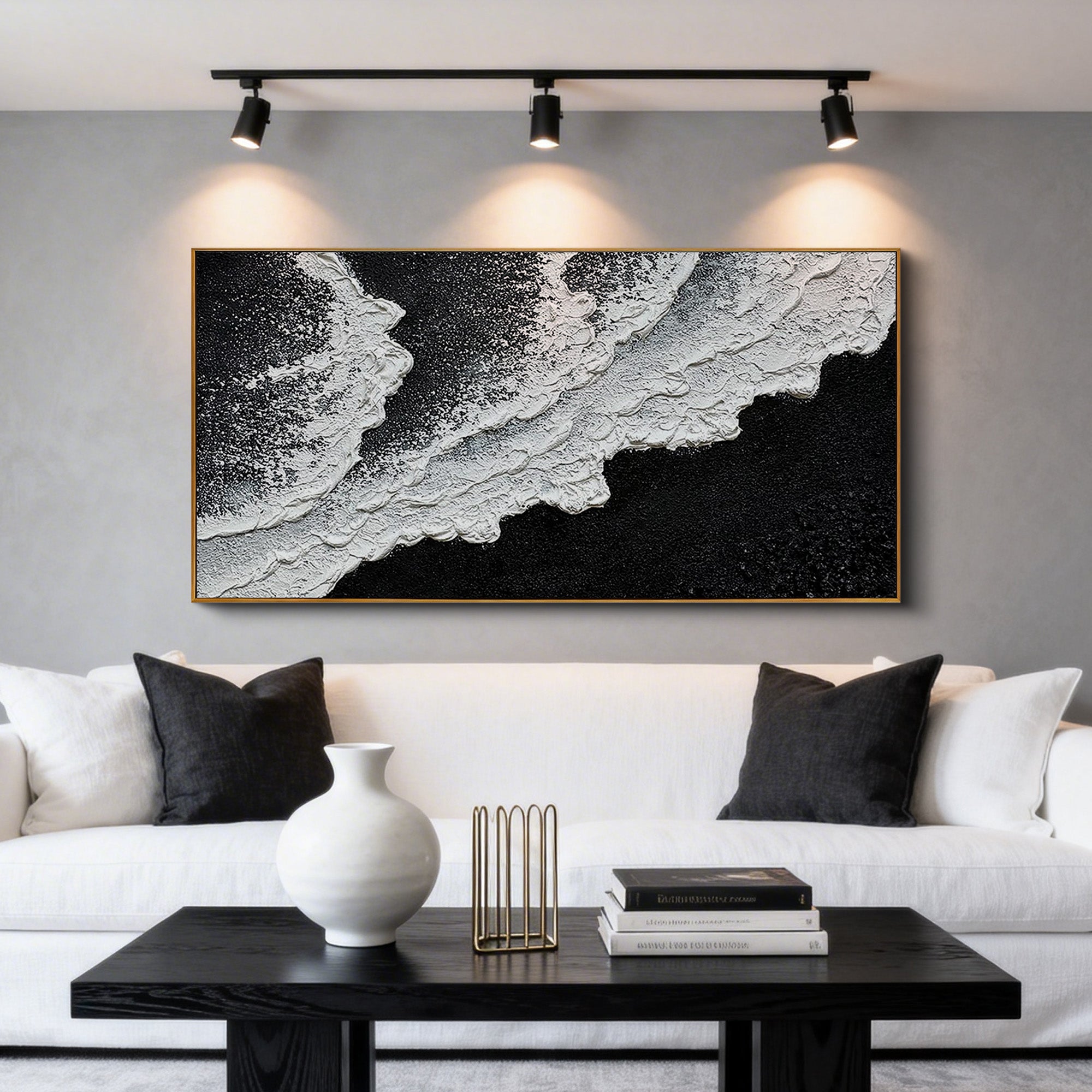 Realm of Undercurrents – Minimalist Black & White Textured Abstract Wave | Modern Luxury Living Room Art