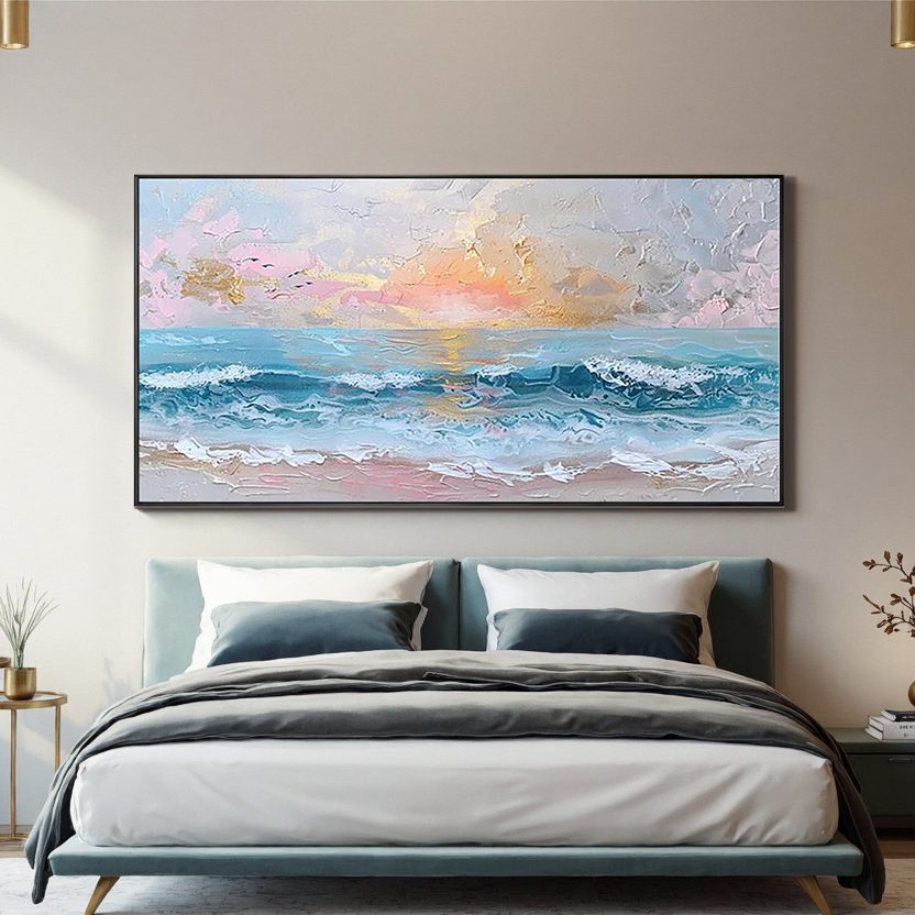 Pastel Sunset – Hand-Painted Sunset Ocean Wave Palette Knife 3D Seascape Painting | Coastal Modern Living Room & Bedroom Art