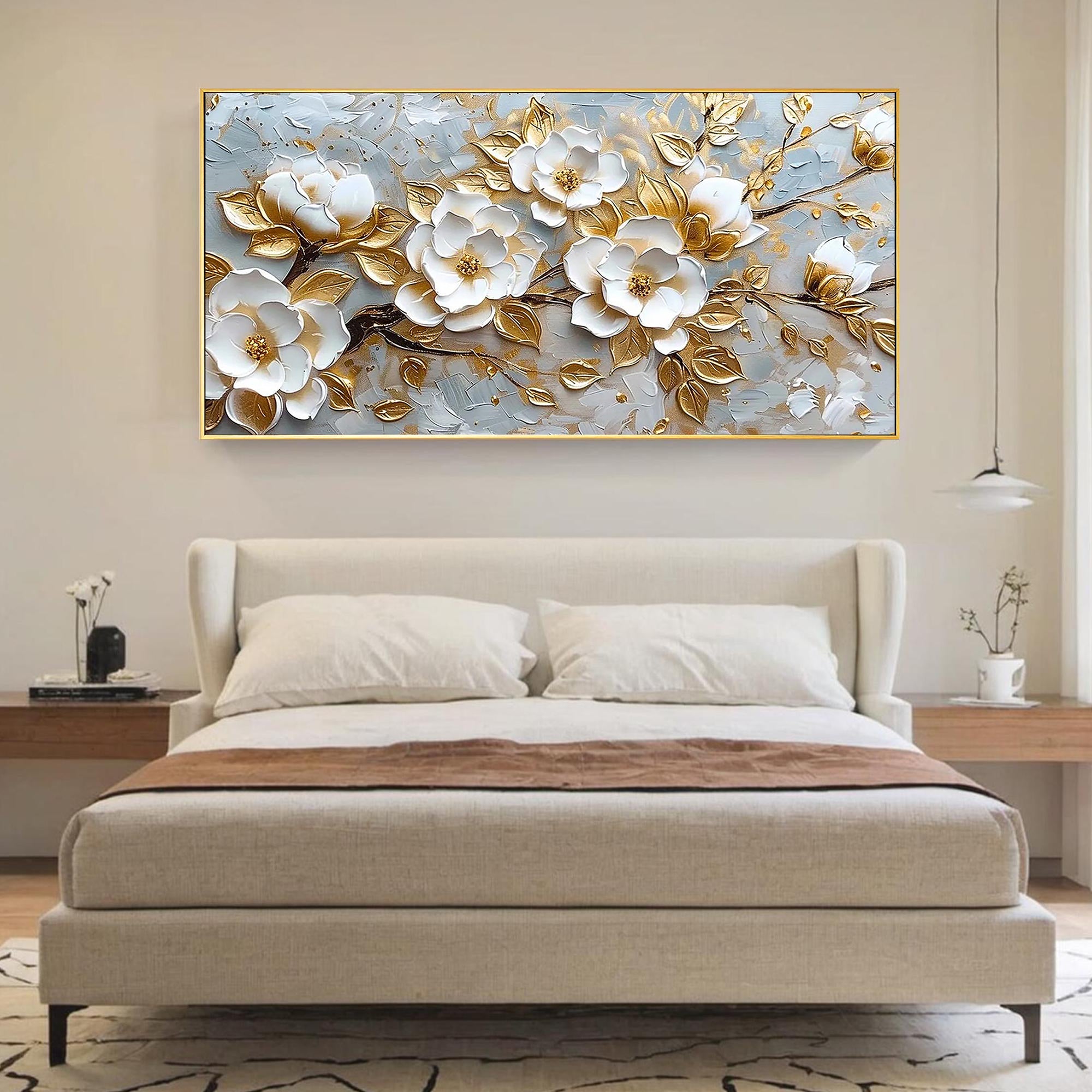 Golden Bloom – Luxury Gold Foil White Flower 3D Relief Floral Painting | Modern Luxury Botanical Bedroom & Living Room Art