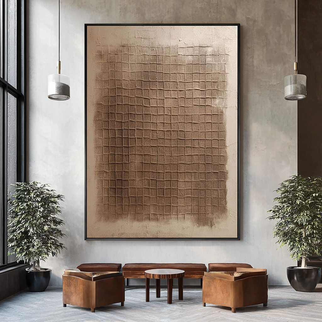 Ancient Texture – Earthy Tone Plaster Relief Grid Wabi-Sabi Painting | Japandi Organic Wabi-Sabi Living Room & Hallway Art