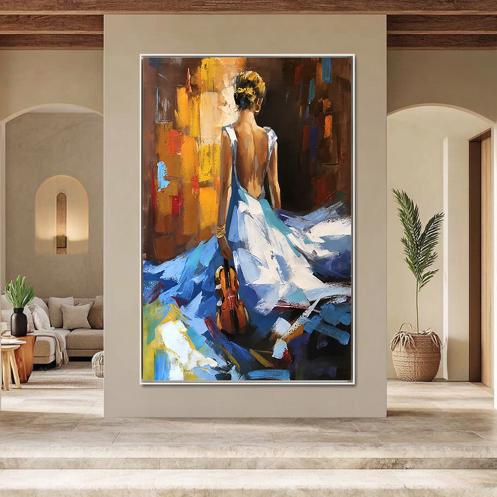Azure Sonata – Elegant Lady in Blue Gown Impasto Painting | Contemporary Expressionist Living Room & Office Art