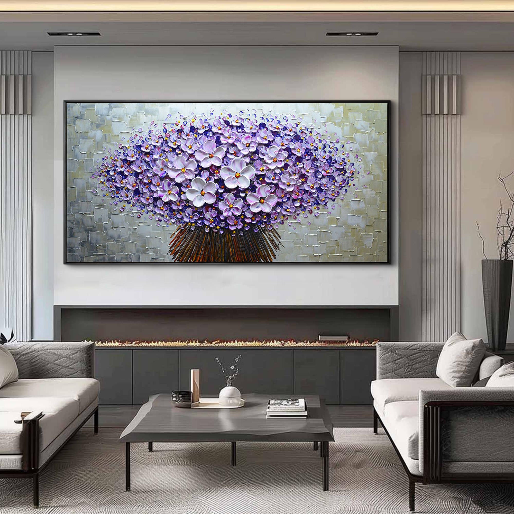 VIOLET BLOOM: Panoramic 3D Heavy Texture Floral Wall Art, Purple Flower Tree Relief Painting