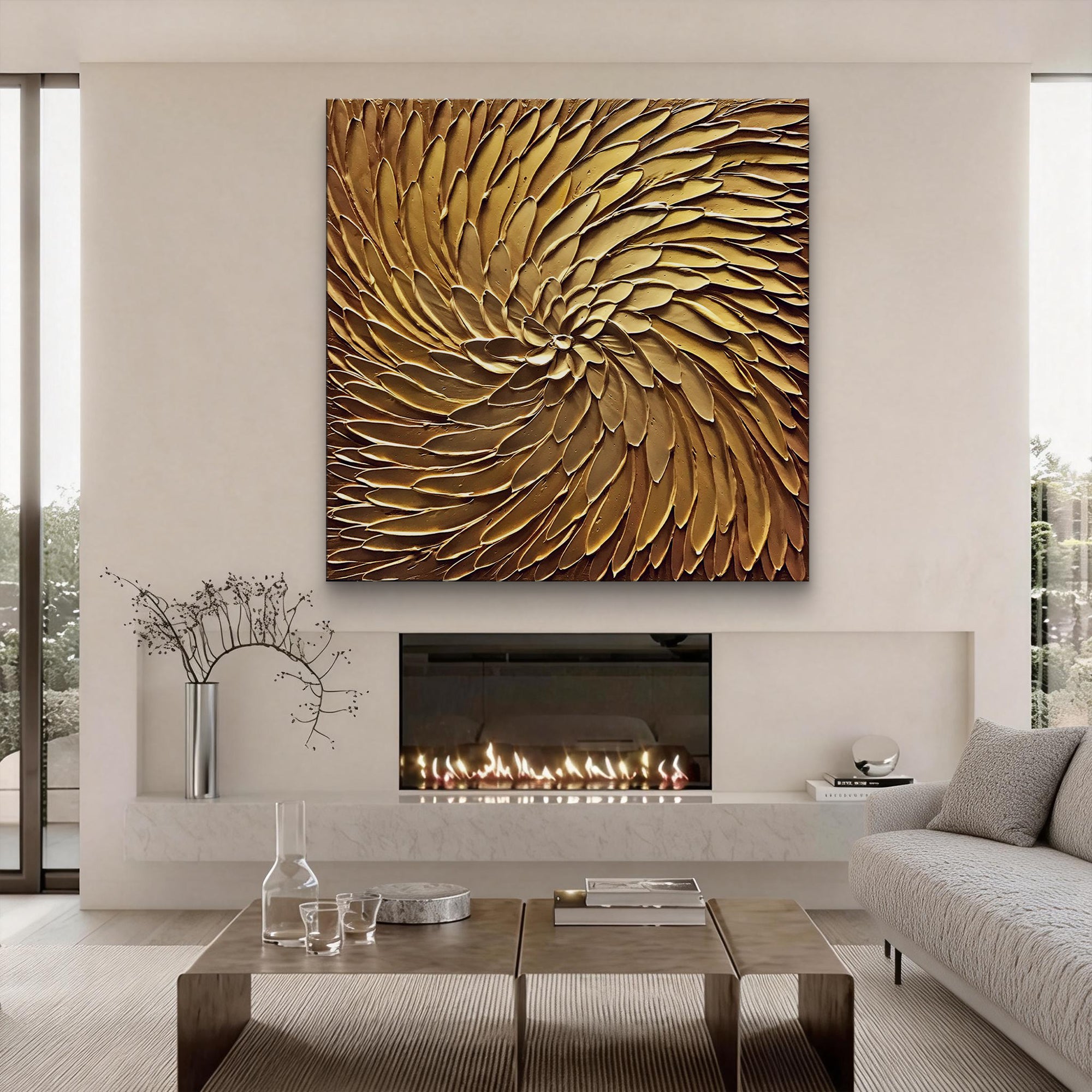 Solar Flare – Textured Metallic Gold Abstract Painting | Luxury Living Room Canvas Art