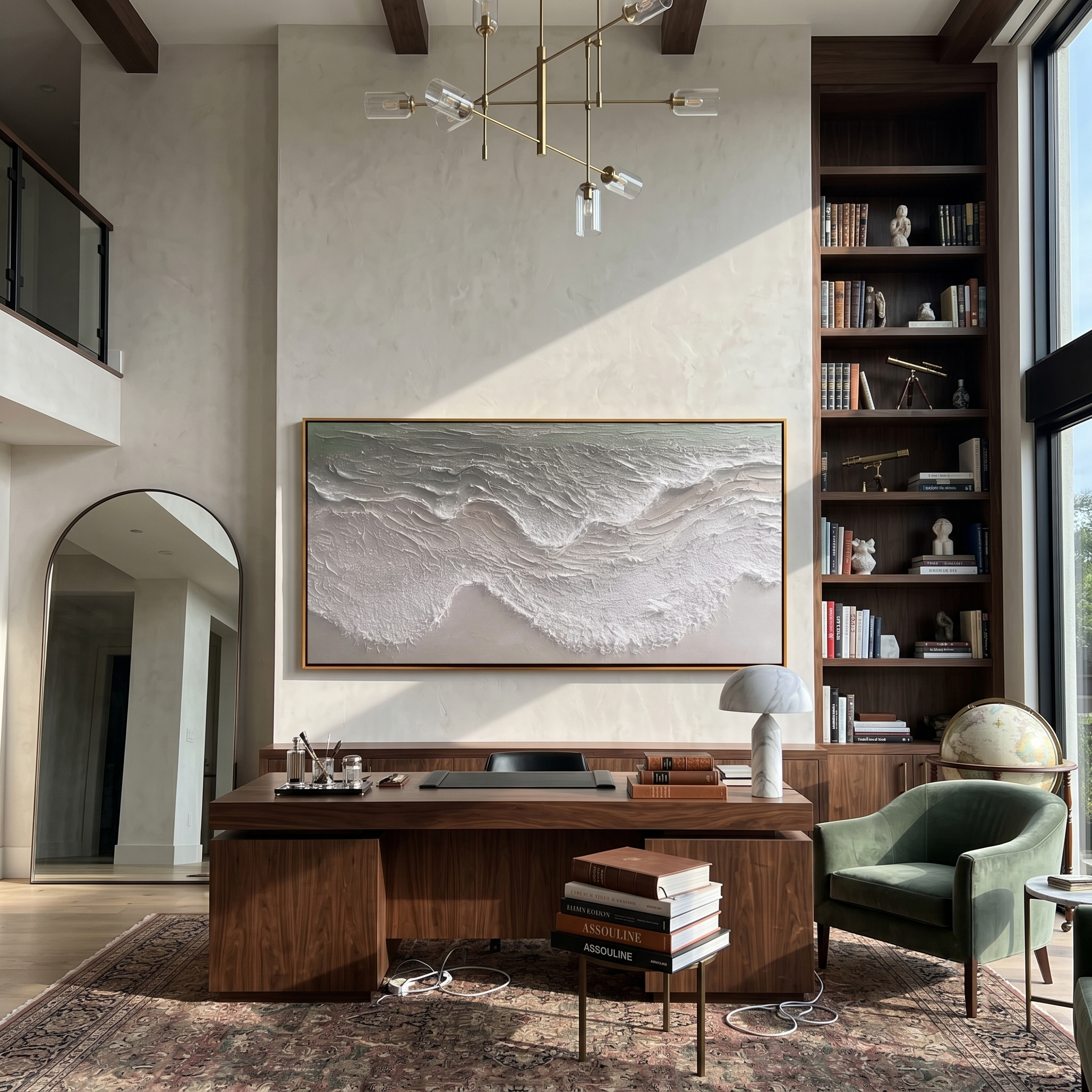 Serene Coastline – Modern Minimalist Ocean Wave Textured Art | Panoramic Coastal Living Room Art