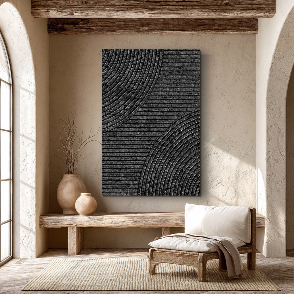LINEAR ECLIPSE: Texture Wall Art, Hand-Painted All-Black Minimalist Geometric Plaster Relief 3D Textured Gallery Art