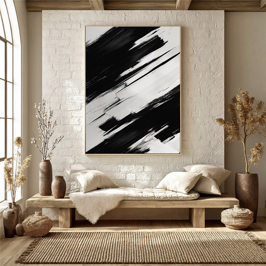 STRIKING NOIR: Bold Black & White Abstract Painting, Heavy Texture Industrial Wall Art