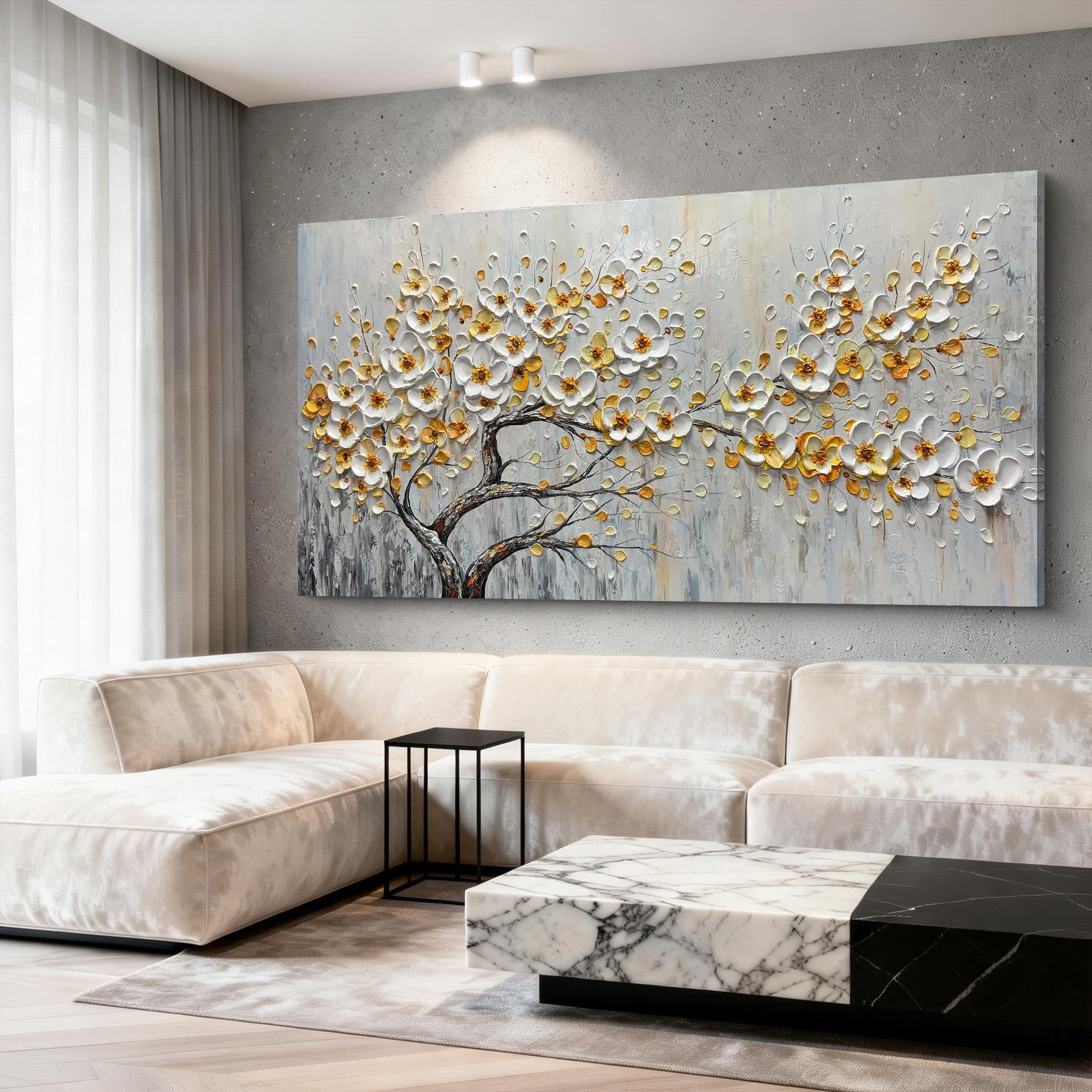 Gilded Blossom – Modern Heavy Textured Floral Painting | Luxury Horizontal Living Room Art