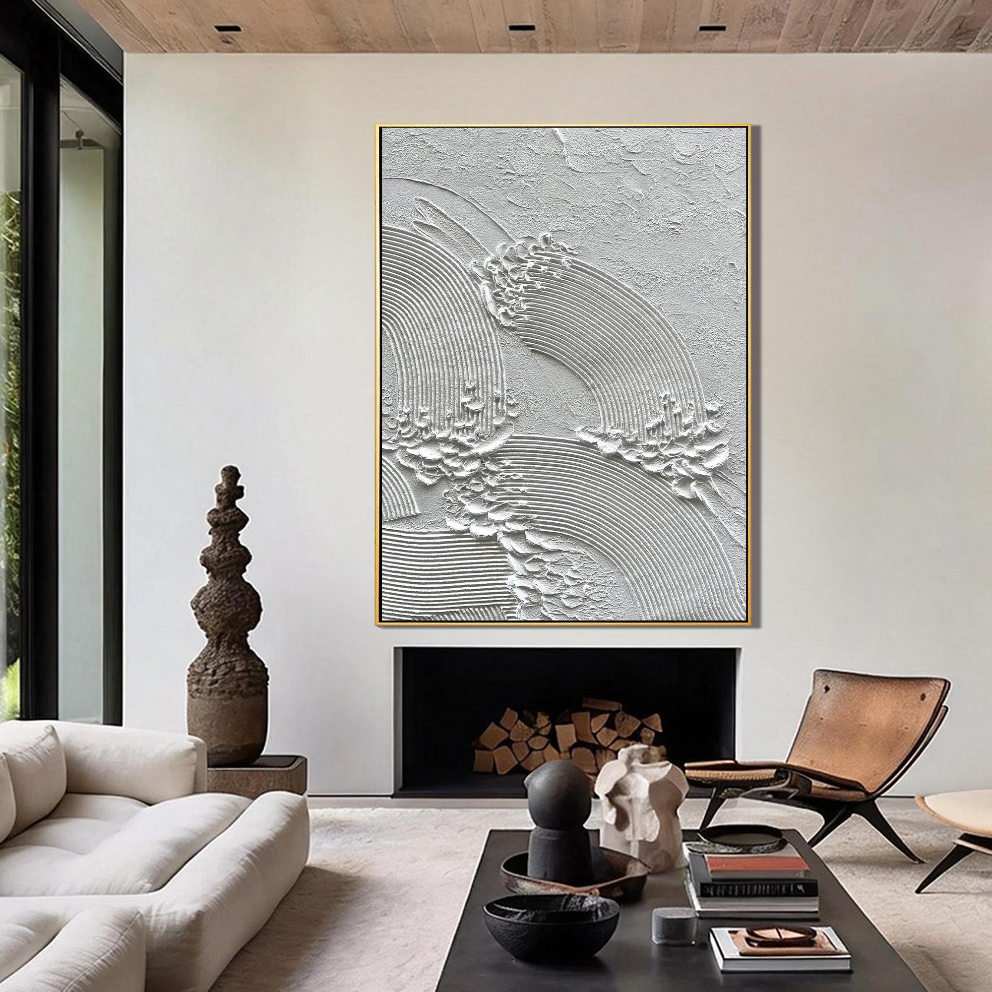 White Crest – Sculpted Plaster Ocean Relief Texture Painting | Coastal Modern Living Room & Bedroom Art