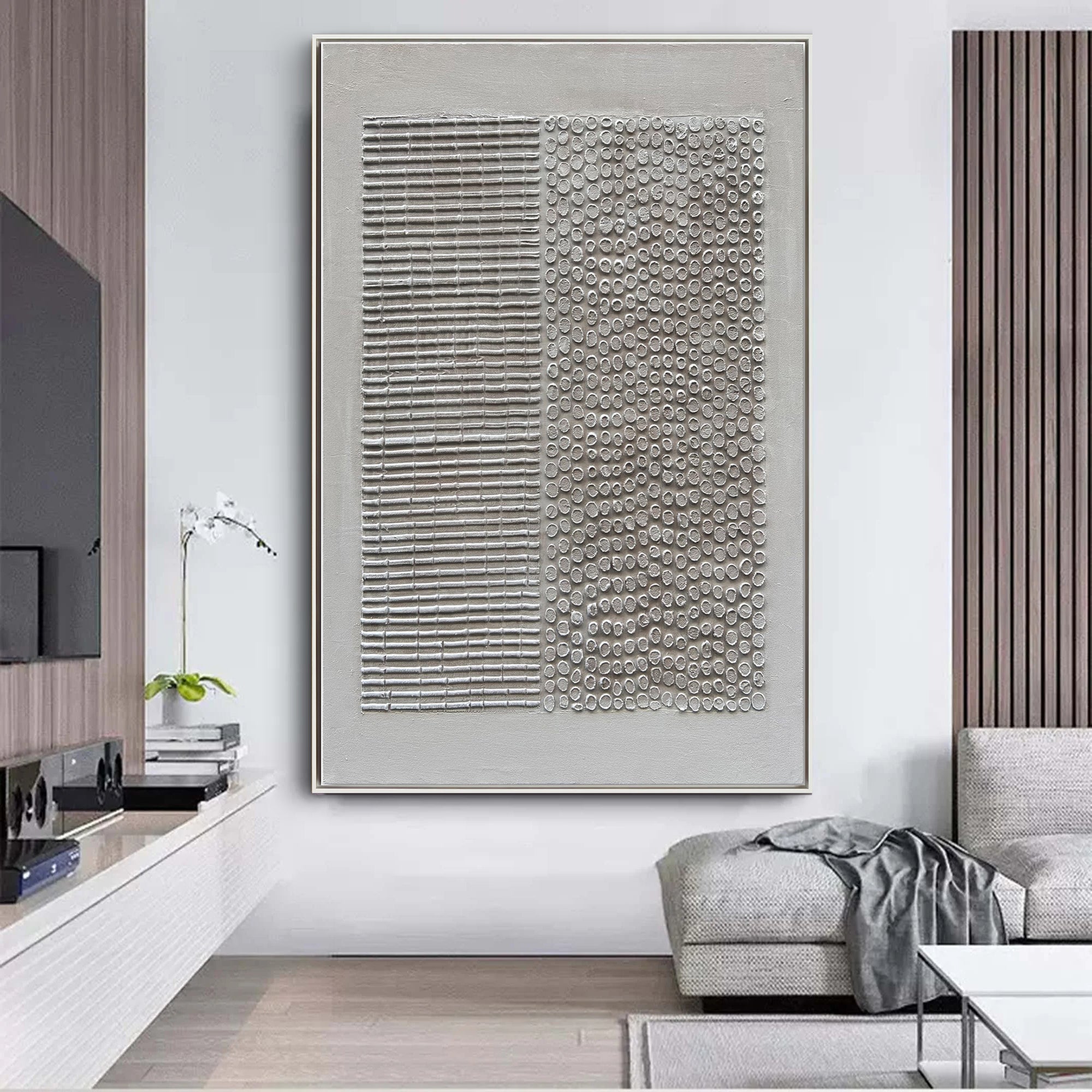 SILENT GRID: Wabi-Sabi Plaster Texture Wall Art, Modern Linear Abstract Relief