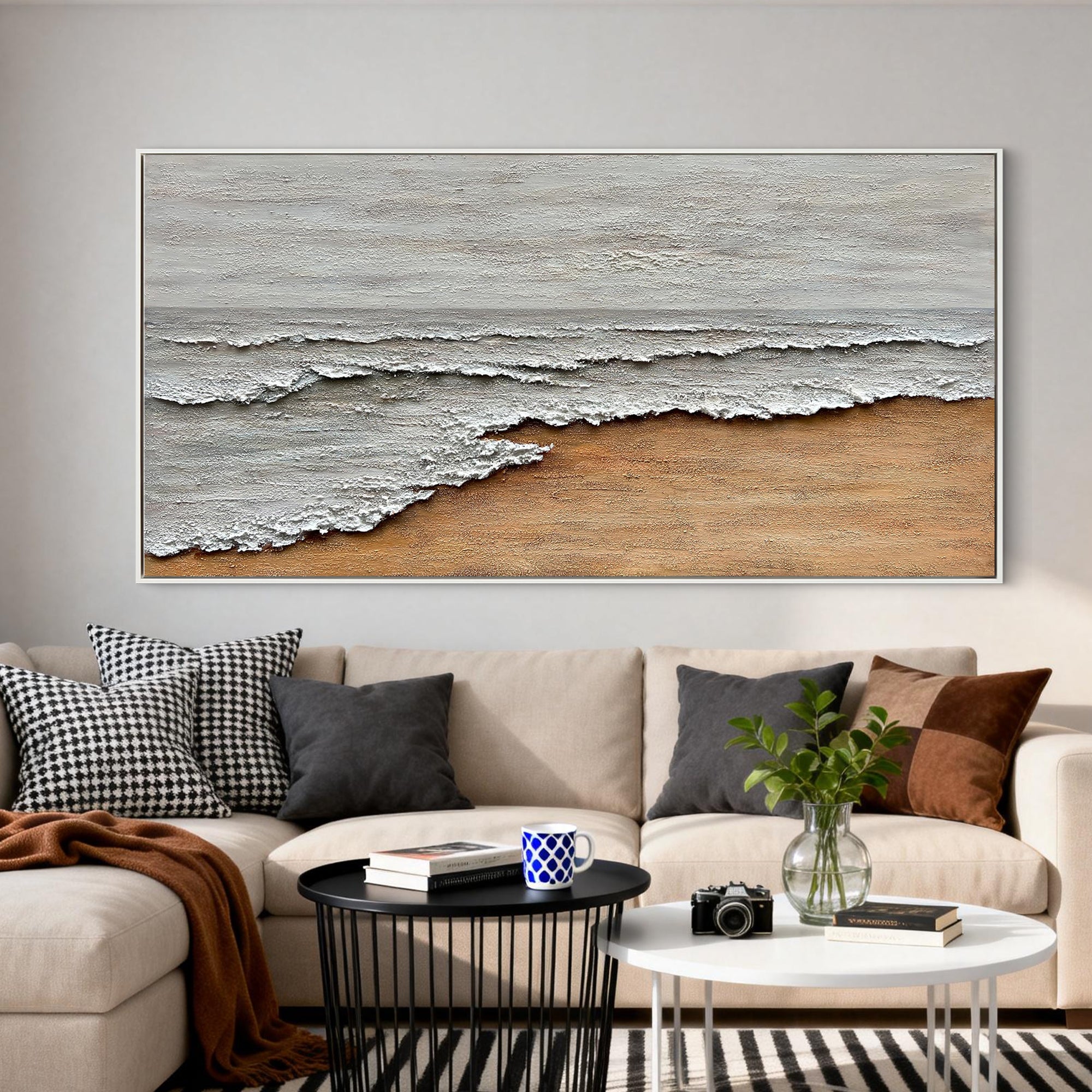 Coastal Echo – Wabi-Sabi Sand and Wave Relief Abstract Painting | Contemporary Landscape Living Room & Dining Room Art