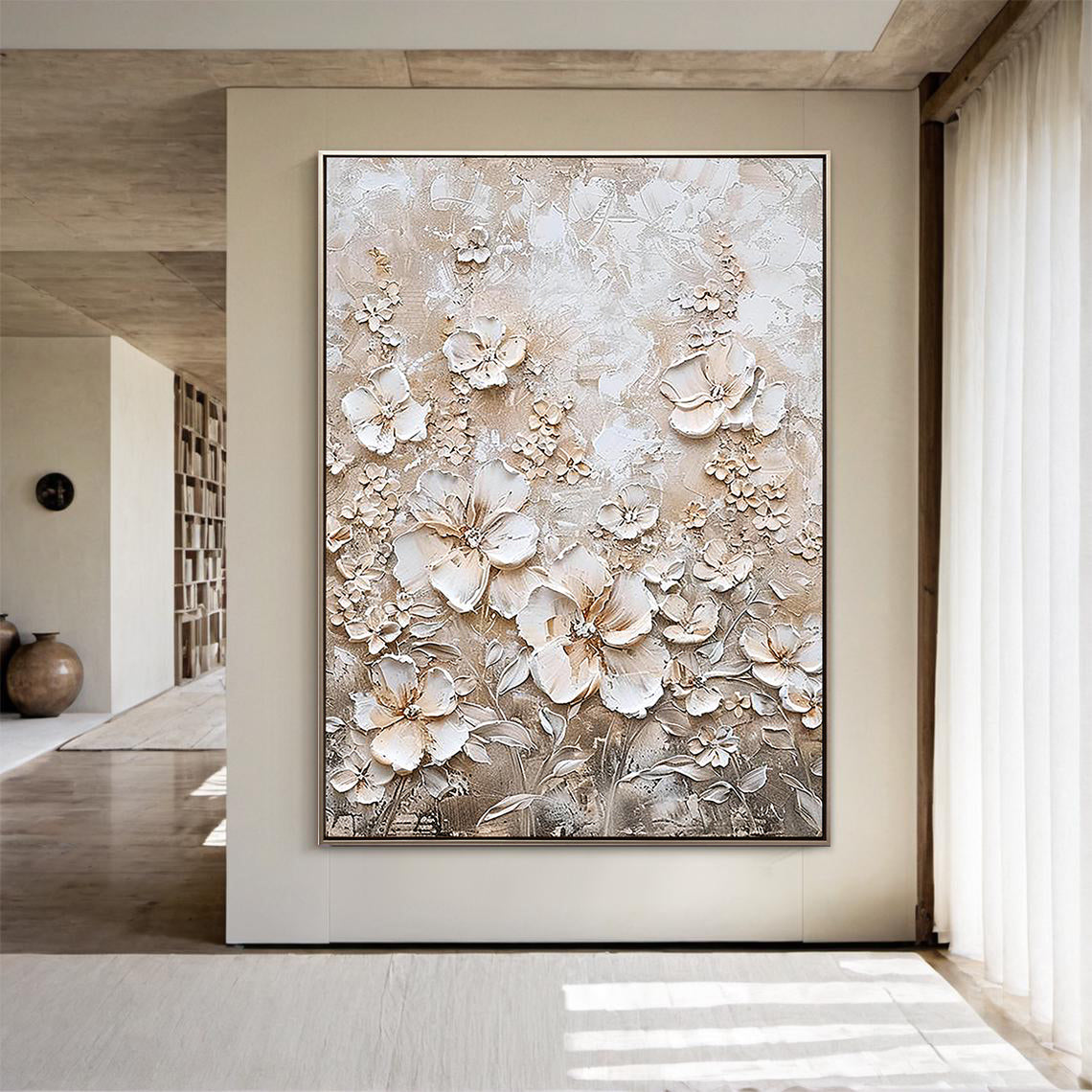 Ivory Petals – Hand-Painted Champagne White Blossom 3D Relief Floral Painting | Soft Organic Botanical Bedroom & Living Room Art