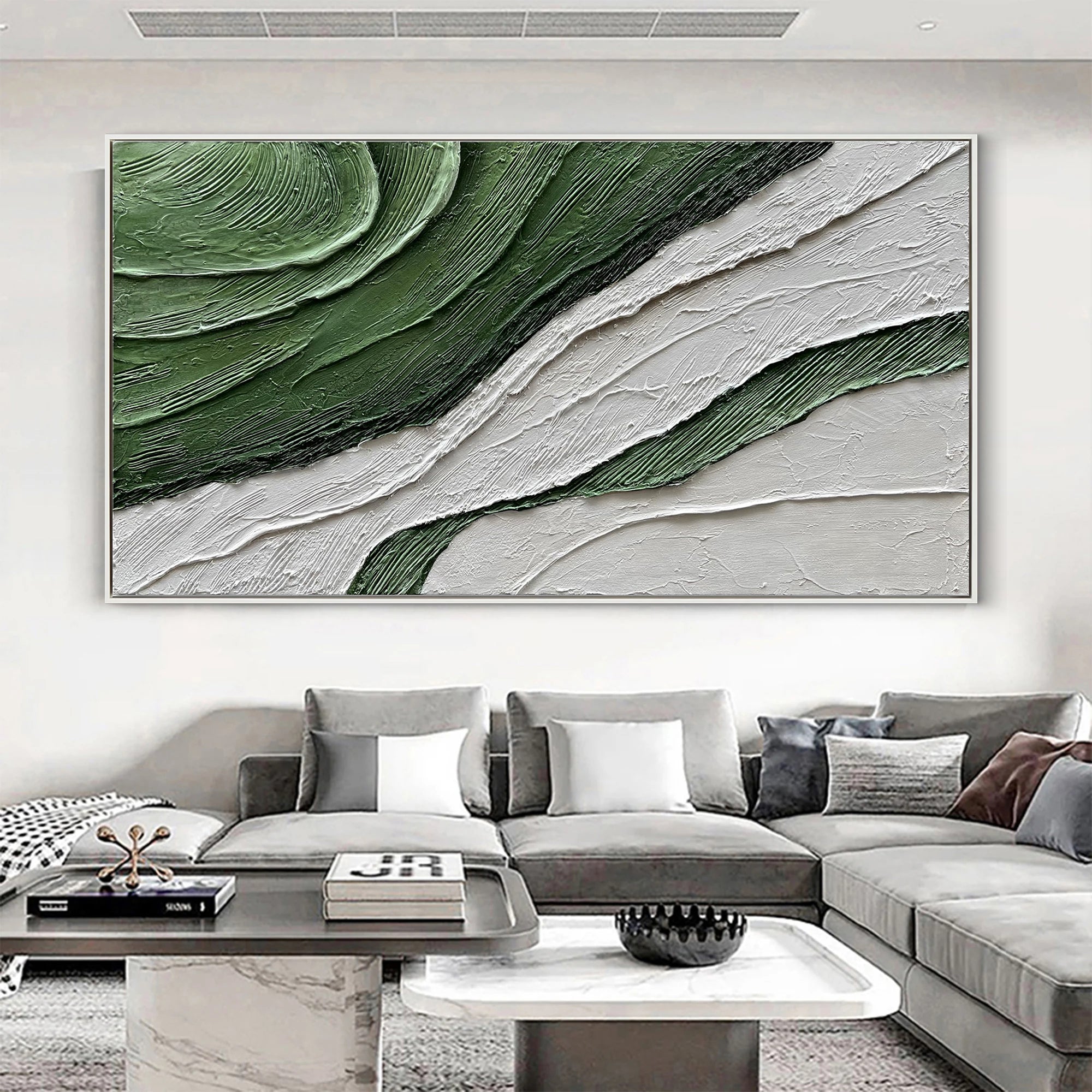 Verdant Echoes – Modern Wabi-Sabi Green Textured Painting | Minimalist Abstract Living Room Art