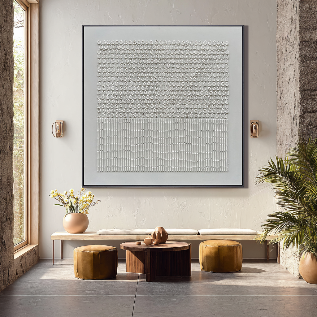 Listening to Rain – Wabi-Sabi Pure White Textured Raindrop & Bamboo Listening to Rain" – Wabi-Sabi Pure White Textured Raindrop & Bamboo Abstract Painting | Modern Minimalist HArt