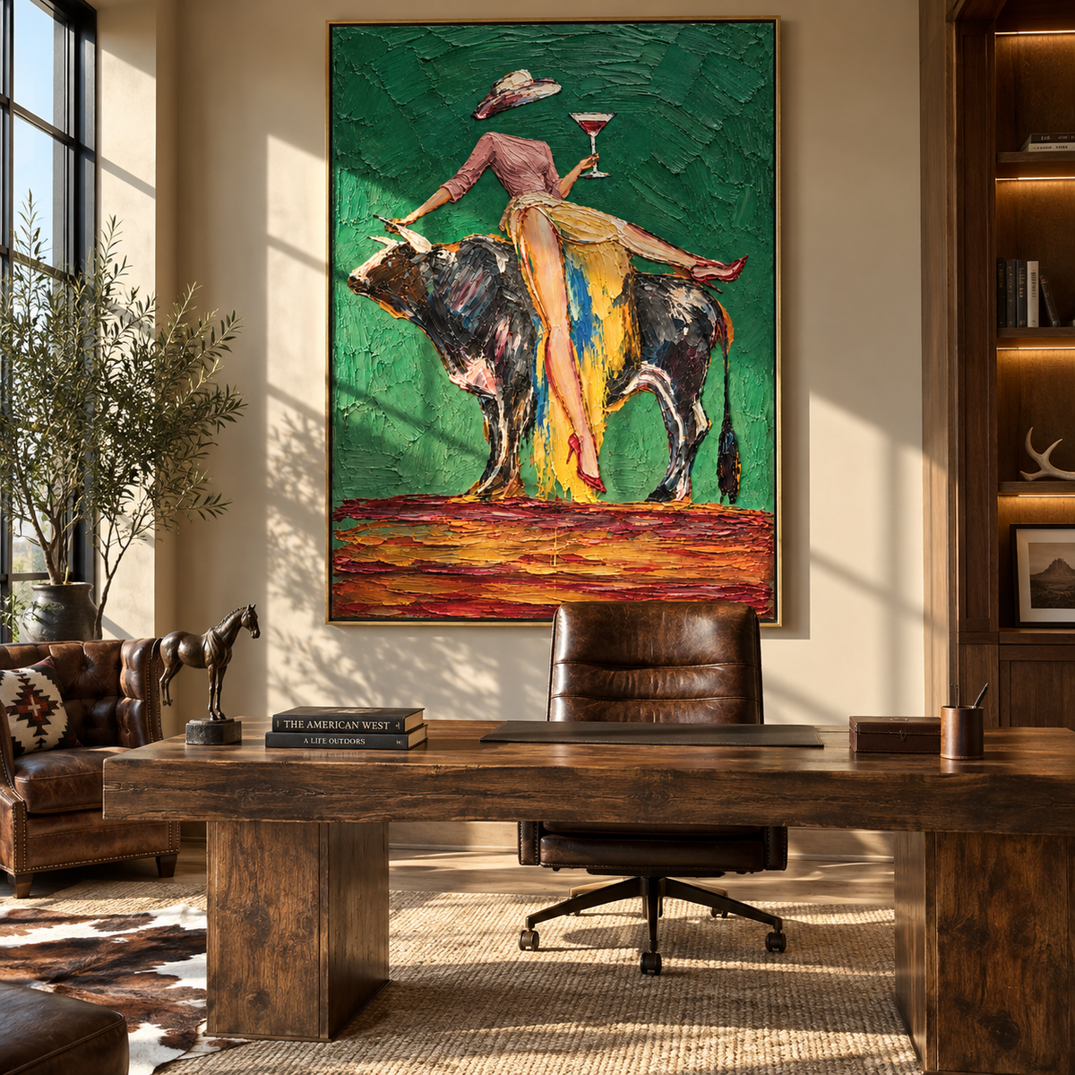 The Rodeo Toast – Vintage Americana Abstract Cowgirl & Bull Painting | Bold Western Living Room Wall Art