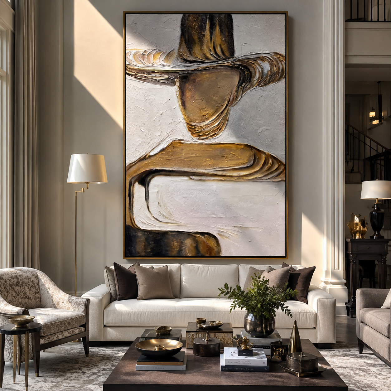 Gilded Brim Holds Still – Gold Hat Figure Painting | Retro Modern Vertical Wall Art