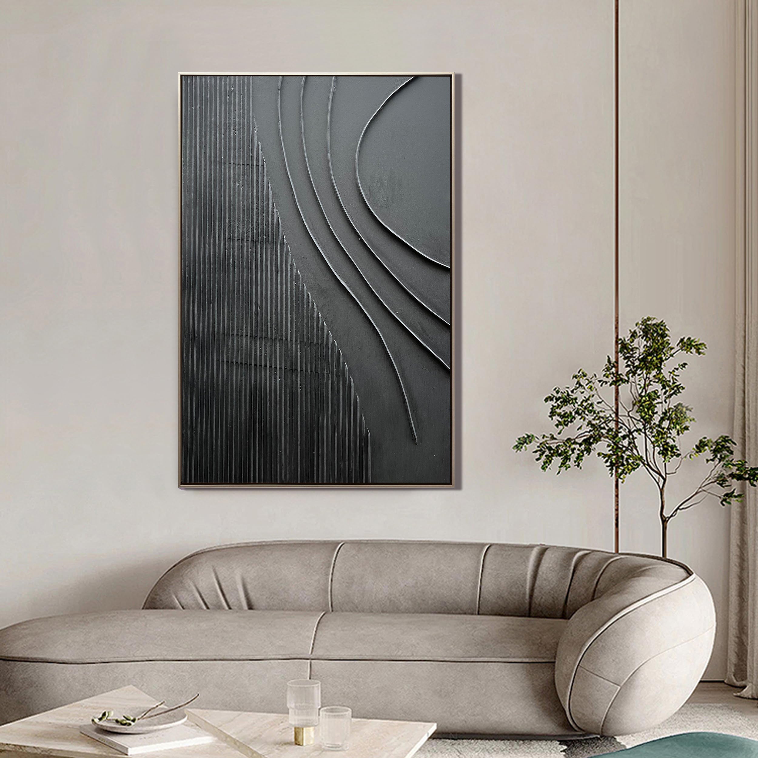 Obsidian Flow – Minimalist Wave Relief Modern Painting | Bold Minimalist Bedroom & Home Office Art