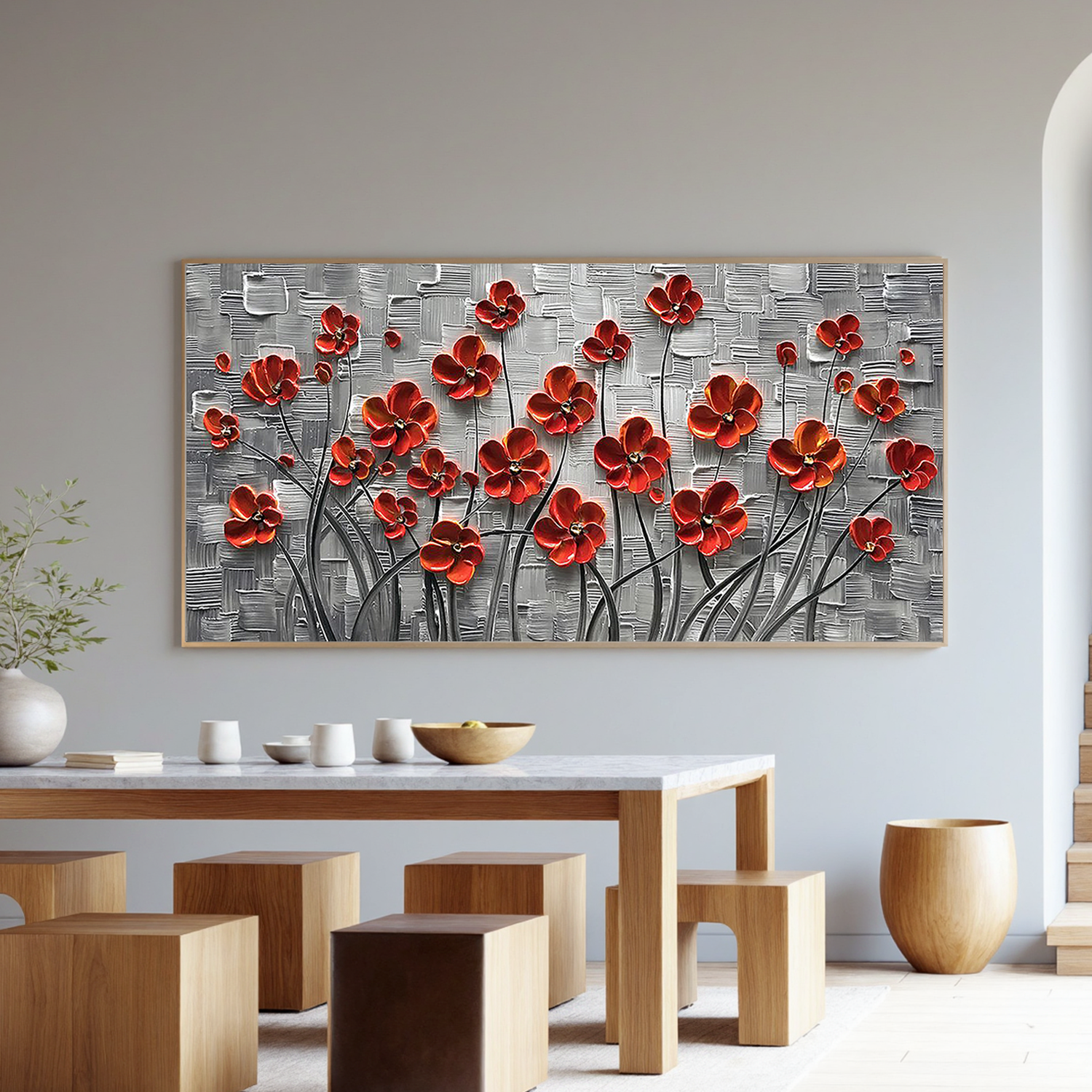 Scarlet Petals – Vibrant Red Flower Relief Floral Painting | Vibrant Botanical Living Room & Dining Room Art