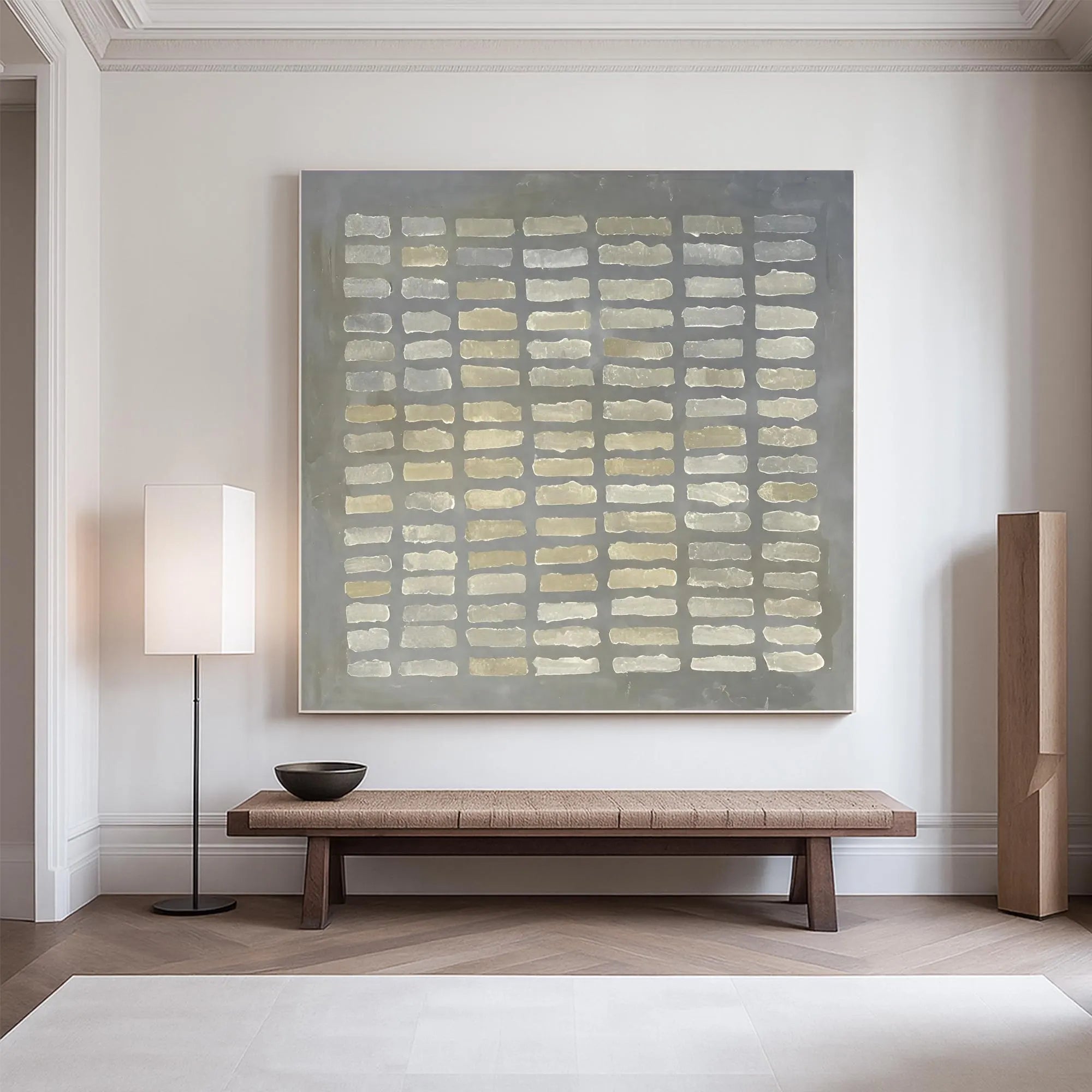 Whispered Matrix – Wabi-Sabi Slate Grey Minimalist Grid Painting | Modern Geometric Textured Hallway Art