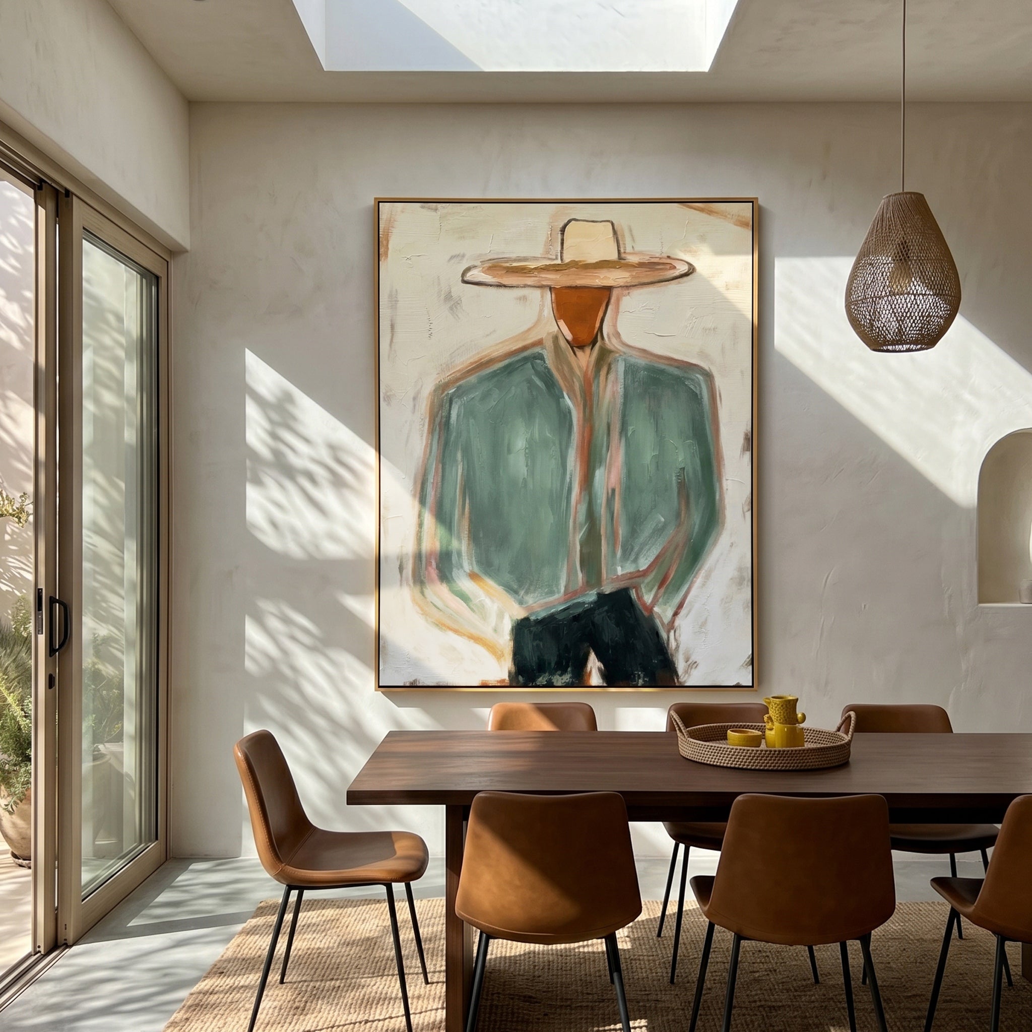 The Wanderer's Soul - Modern Sage Green Cowboy Figurative Painting | Mid-Century Abstract Entryway Art