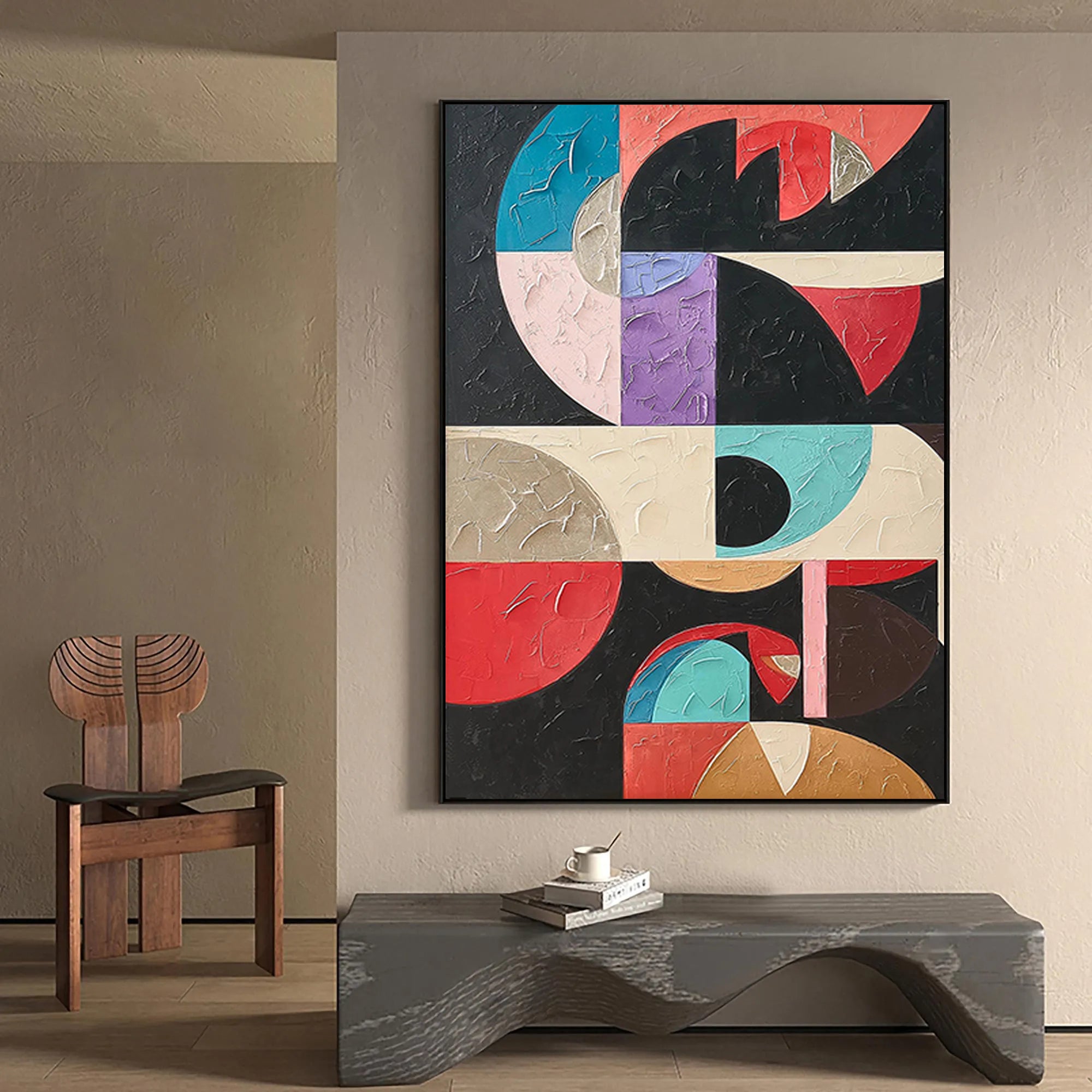 Geometric Pulse – Hand-Painted Multicolored Geometric Block Plaster Effect Abstract Painting | Bold Abstract Palette Knife Living Room Art