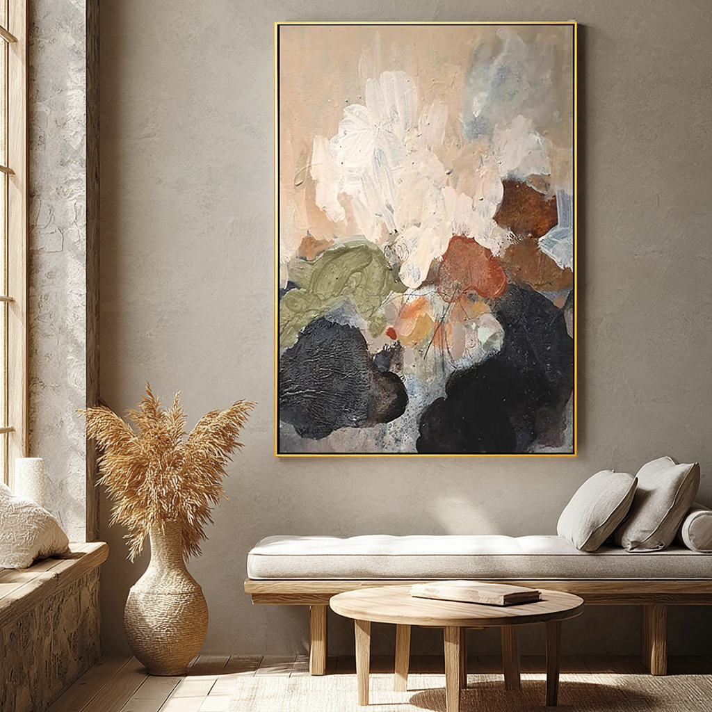 Earthen Bloom – Wabi-Sabi Impasto Abstract Painting | Primitive Vintage Entryway Art