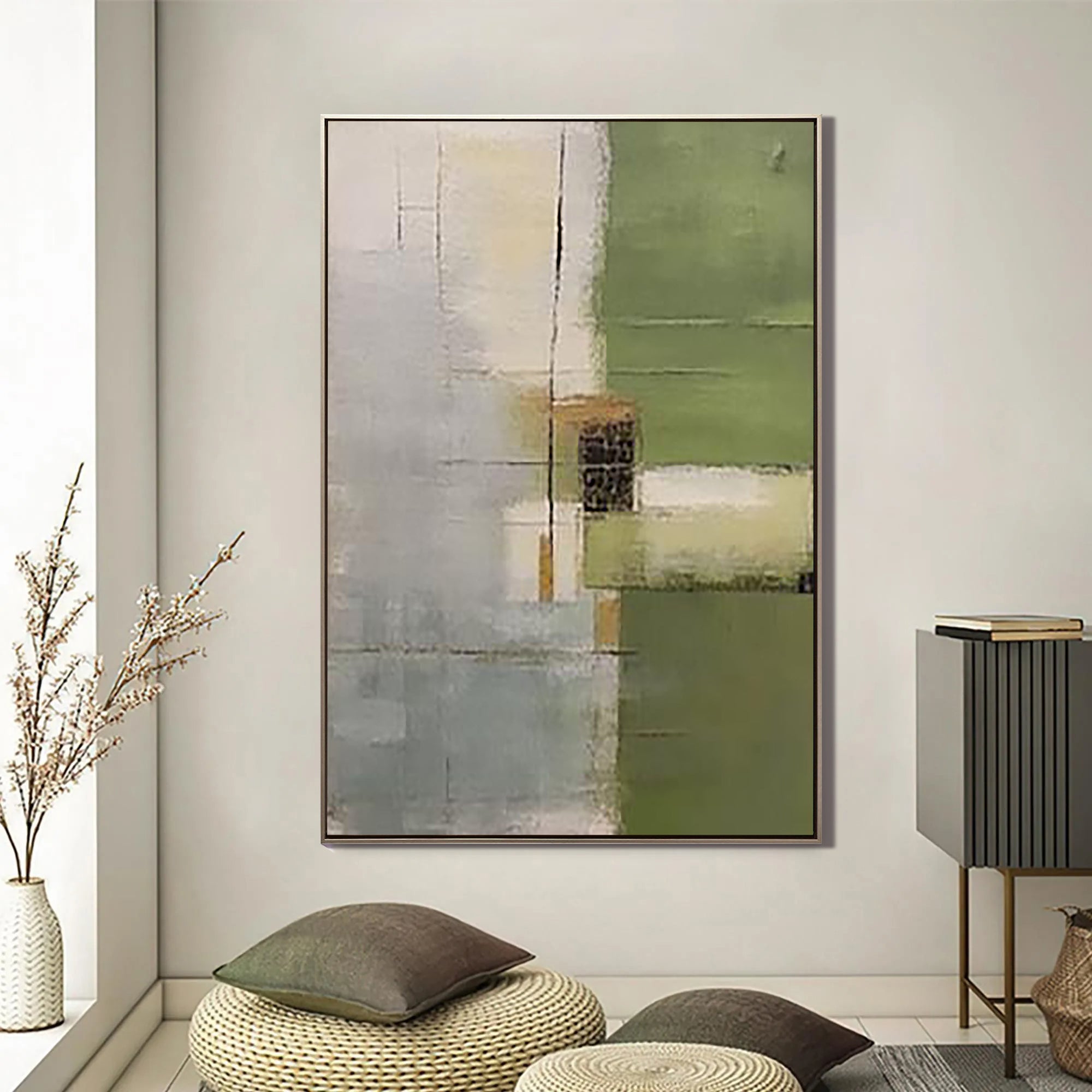 Sage Matrix – Earthy Green Textured Oil Wabi-Sabi Painting | Japandi Organic Wabi-Sabi Living Room & Hallway Art