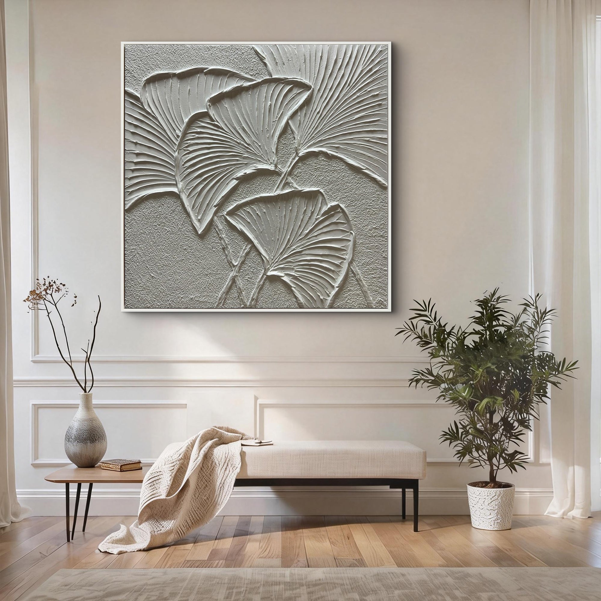 Ginkgo Whisper – Modern Minimalist Ginkgo Leaf Textured Painting | Wabi-Sabi Sculptural Hallway Art